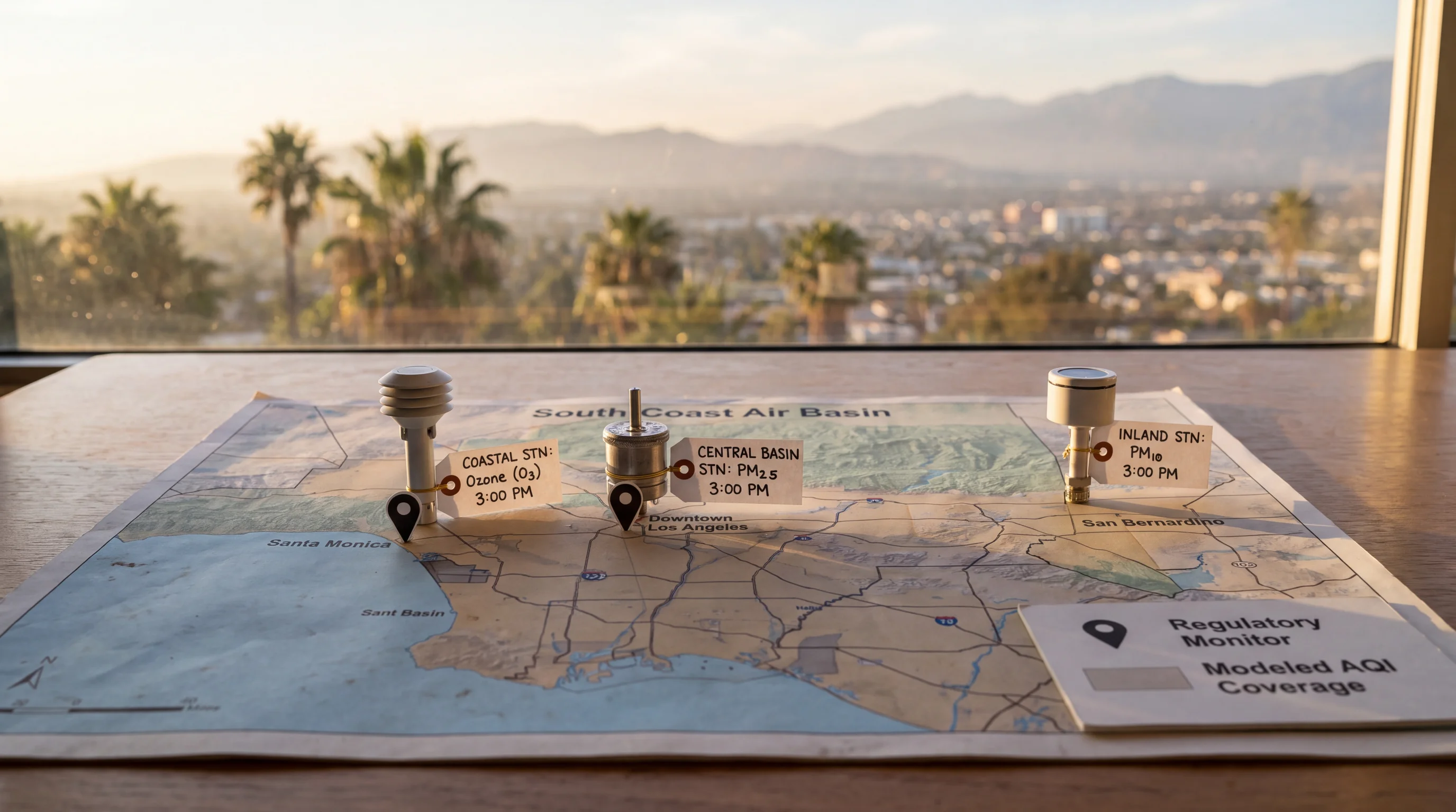 A South Coast Air Basin map marking coastal, central-basin, and inland monitoring stations, each labeled with its dominant pollutant and a timestamp, alongside a legend distinguishing regulatory monitors from modeled AQI coverage