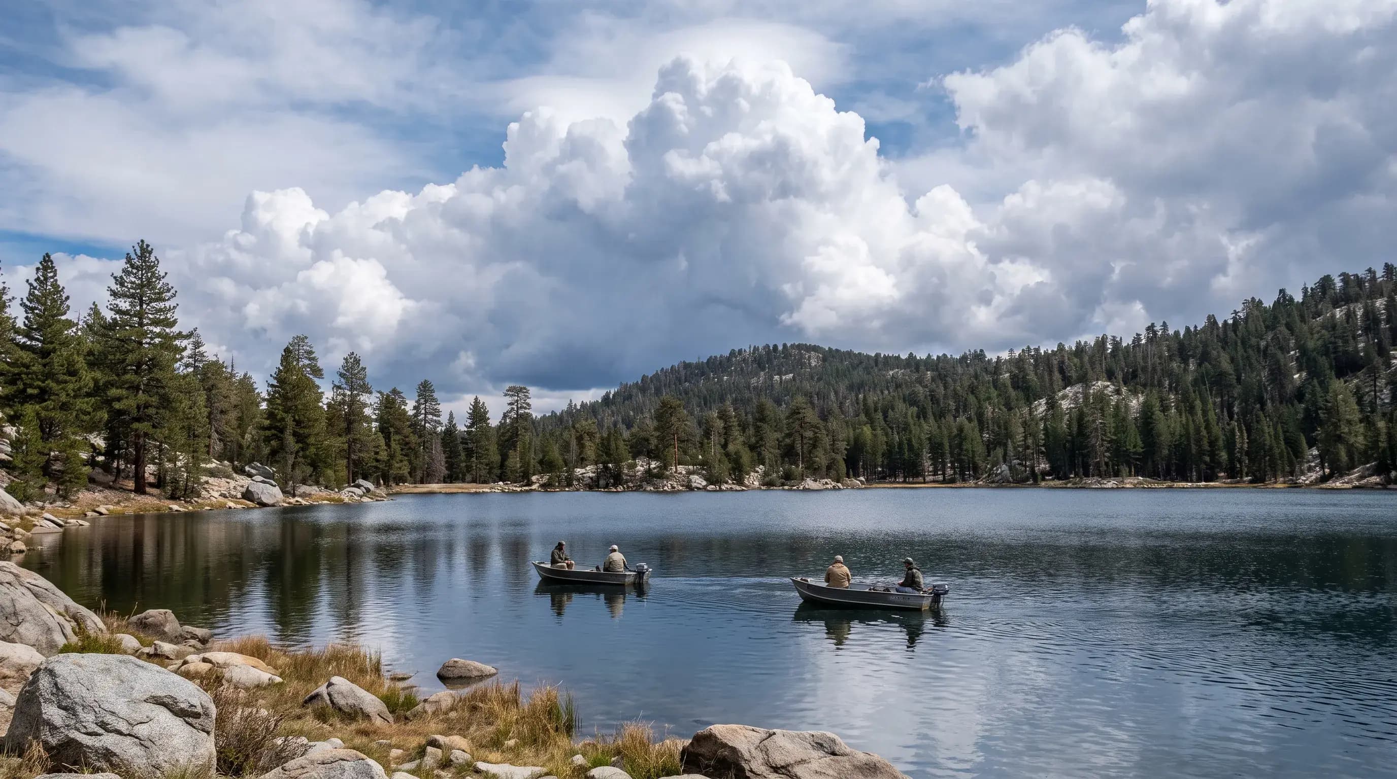 Towering summer cumulus clouds building over a mountain lake ringed by pines, with small boats on the water
