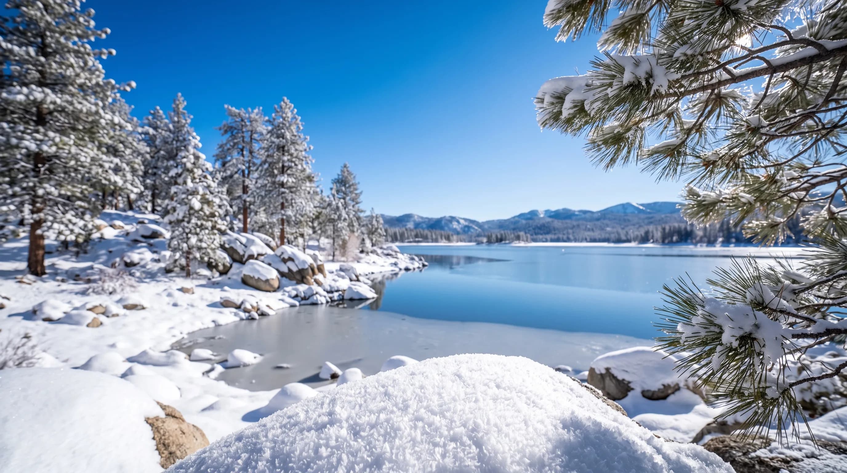 A mountain lake shoreline under fresh snow with pine trees and clear blue sky after a winter storm