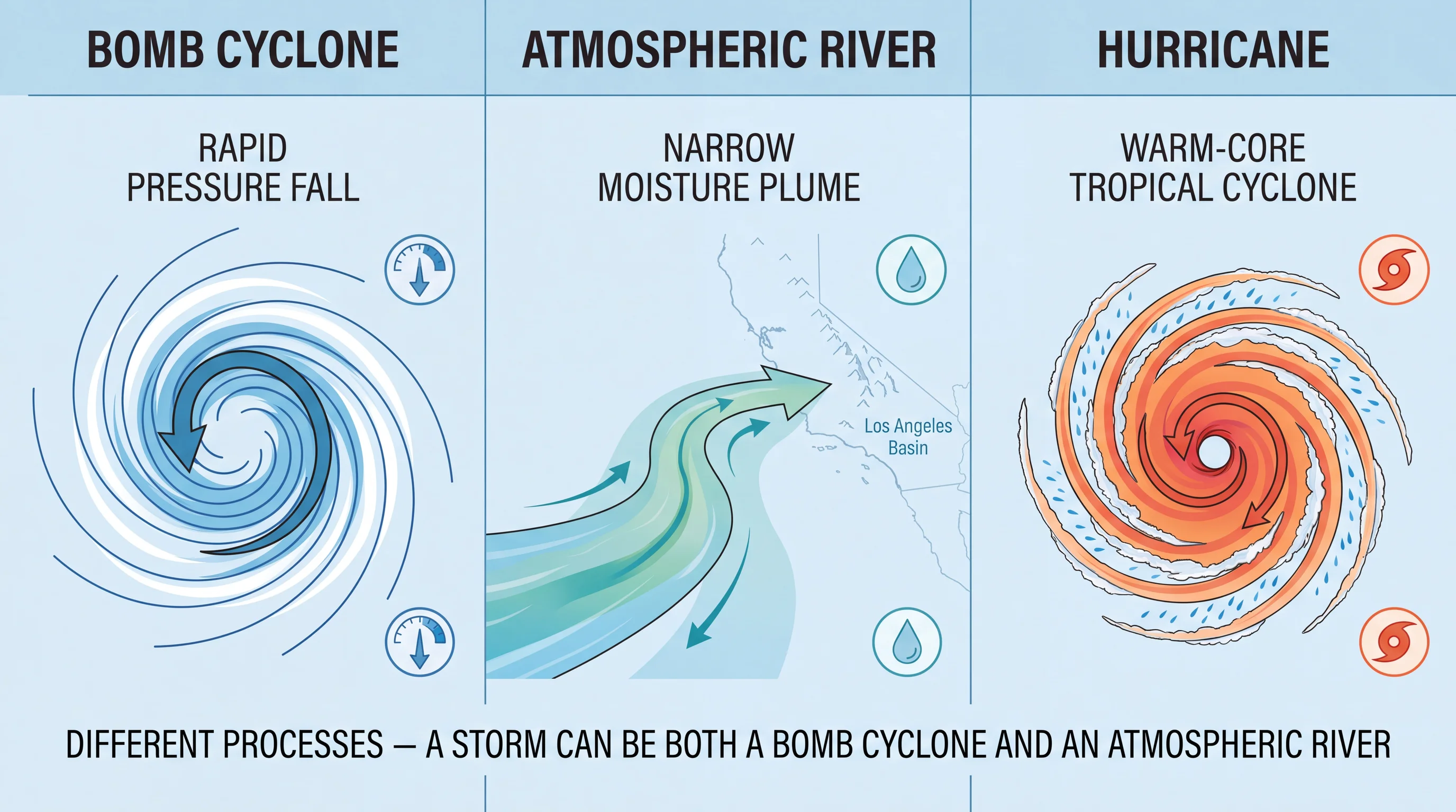 A comparison graphic separating three Pacific weather terms: a bomb cyclone shown as a rapidly deepening pressure system, an atmospheric river shown as a narrow moisture plume, and a hurricane shown as a warm-core tropical system, with Southern California impact icons for rain, mountain snow, coastal wind, and high surf