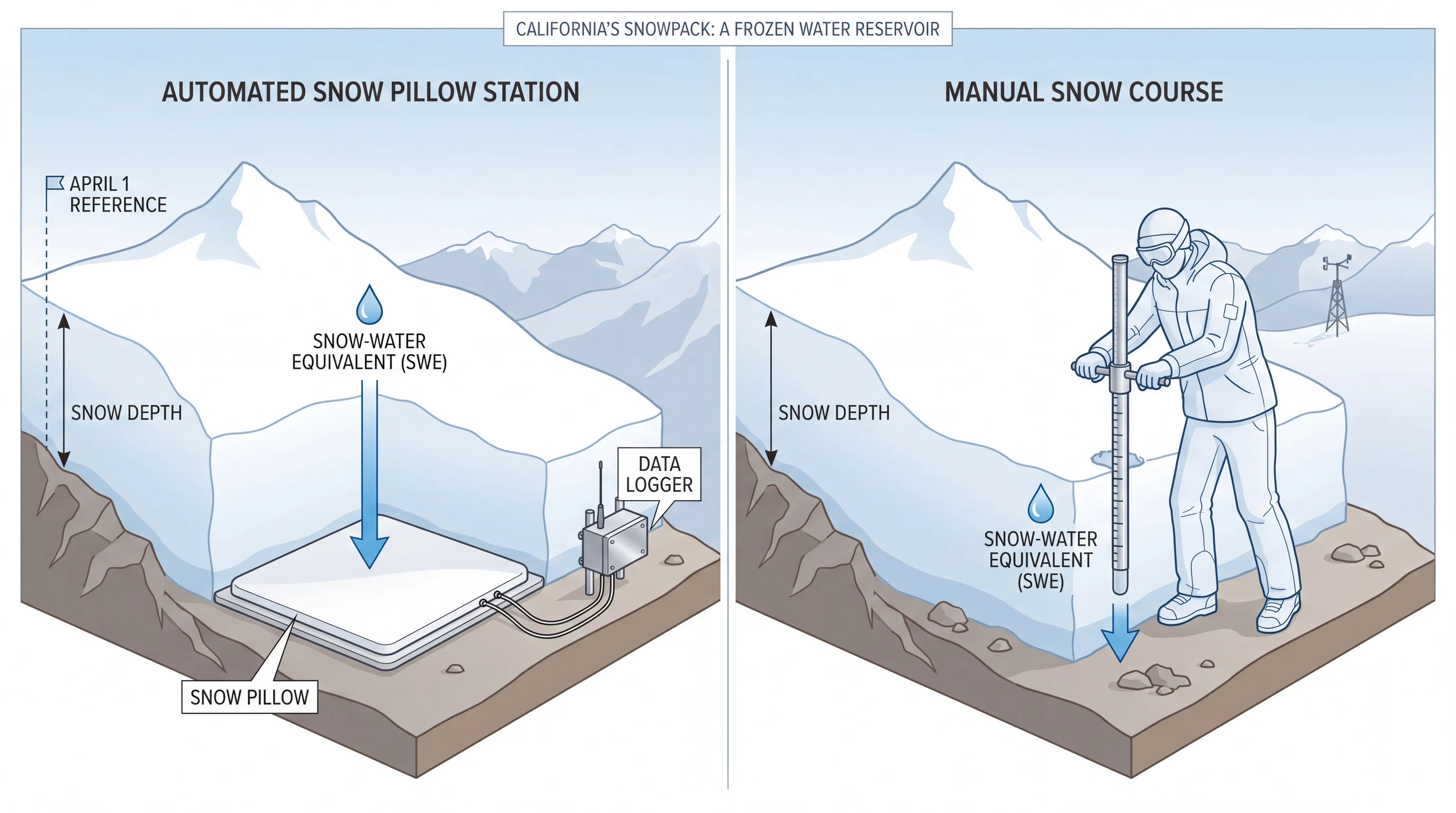 A cutaway snow pillow and manual snow course comparing snow depth with snow-water equivalent, including labeled sensors and an April 1 reference marker