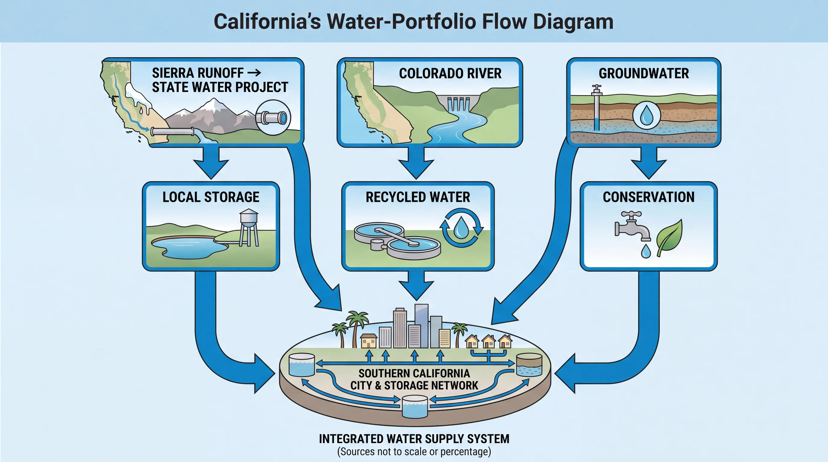 A California water-supply flow graphic linking Sierra runoff, the State Water Project, Colorado River, groundwater, local storage, recycling, and conservation