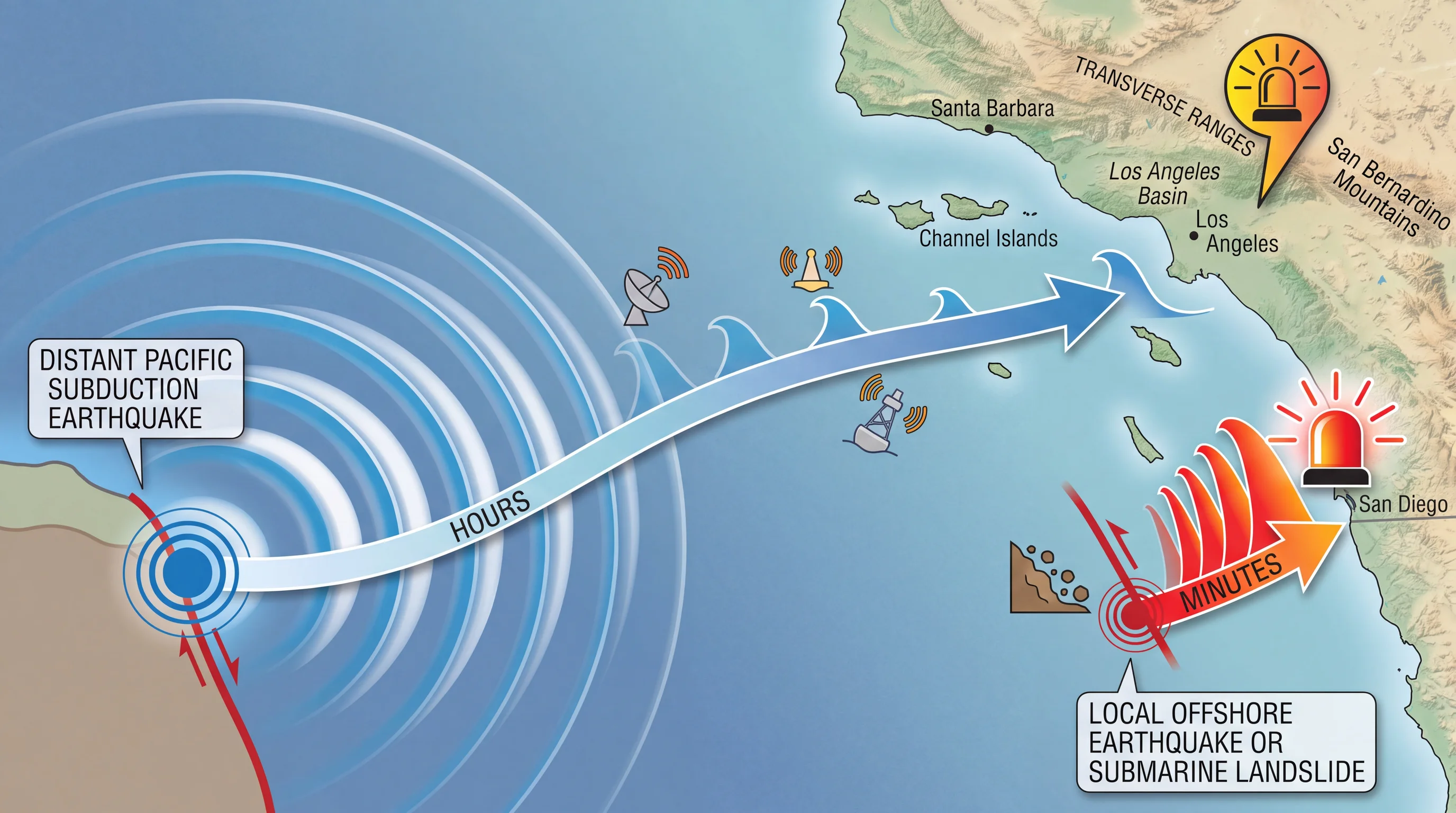 A source-to-coast timeline diagram comparing a distant Pacific subduction earthquake, which allows several hours of official warning time, against a local offshore earthquake or submarine landslide, which allows only minutes before a tsunami reaches the Southern California shore