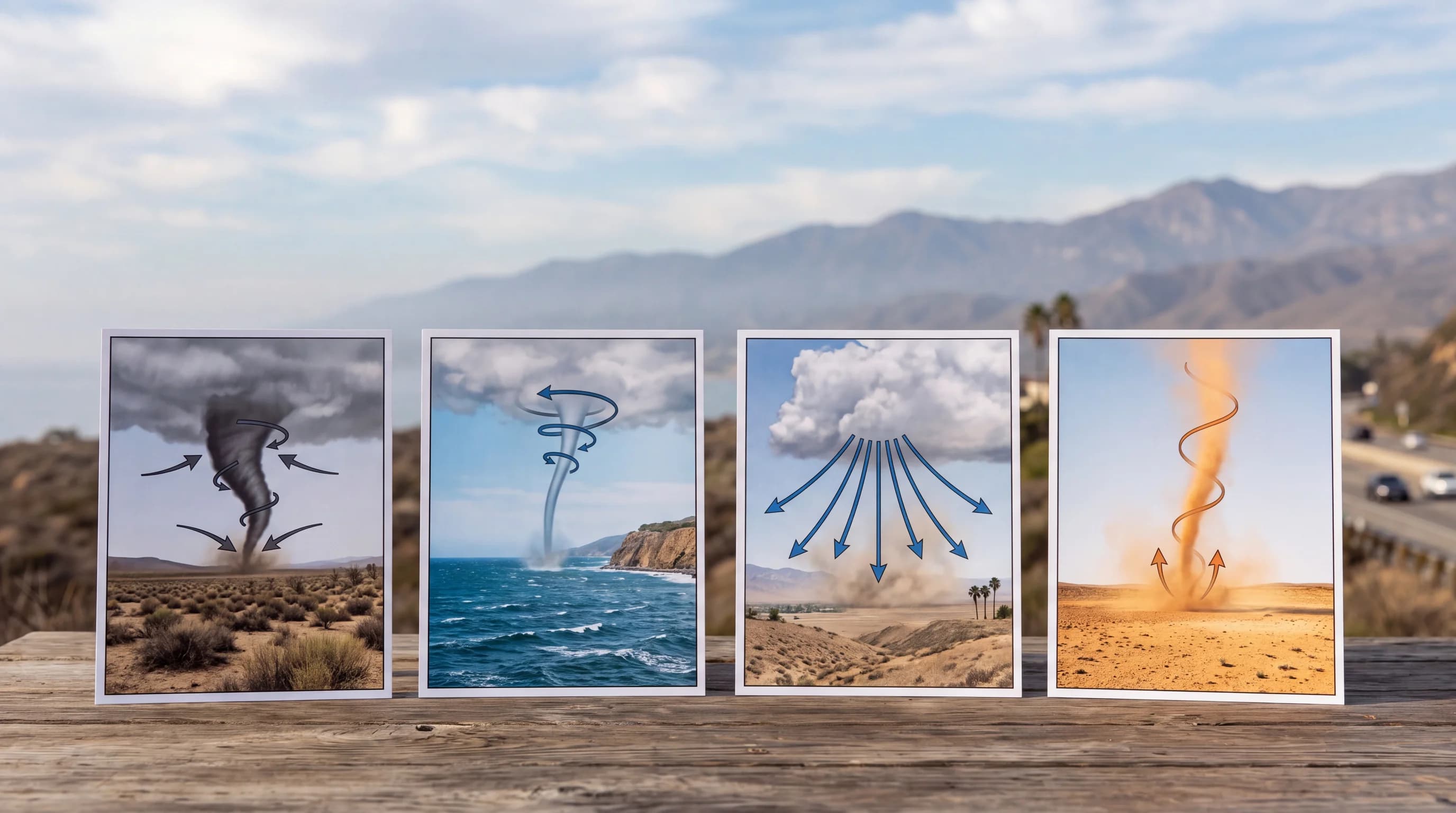 Side-by-side airflow diagrams comparing a tornado's inward rotating funnel, a waterspout over the ocean, a microburst's straight-line downdraft, and a dust devil's fair-weather vortex