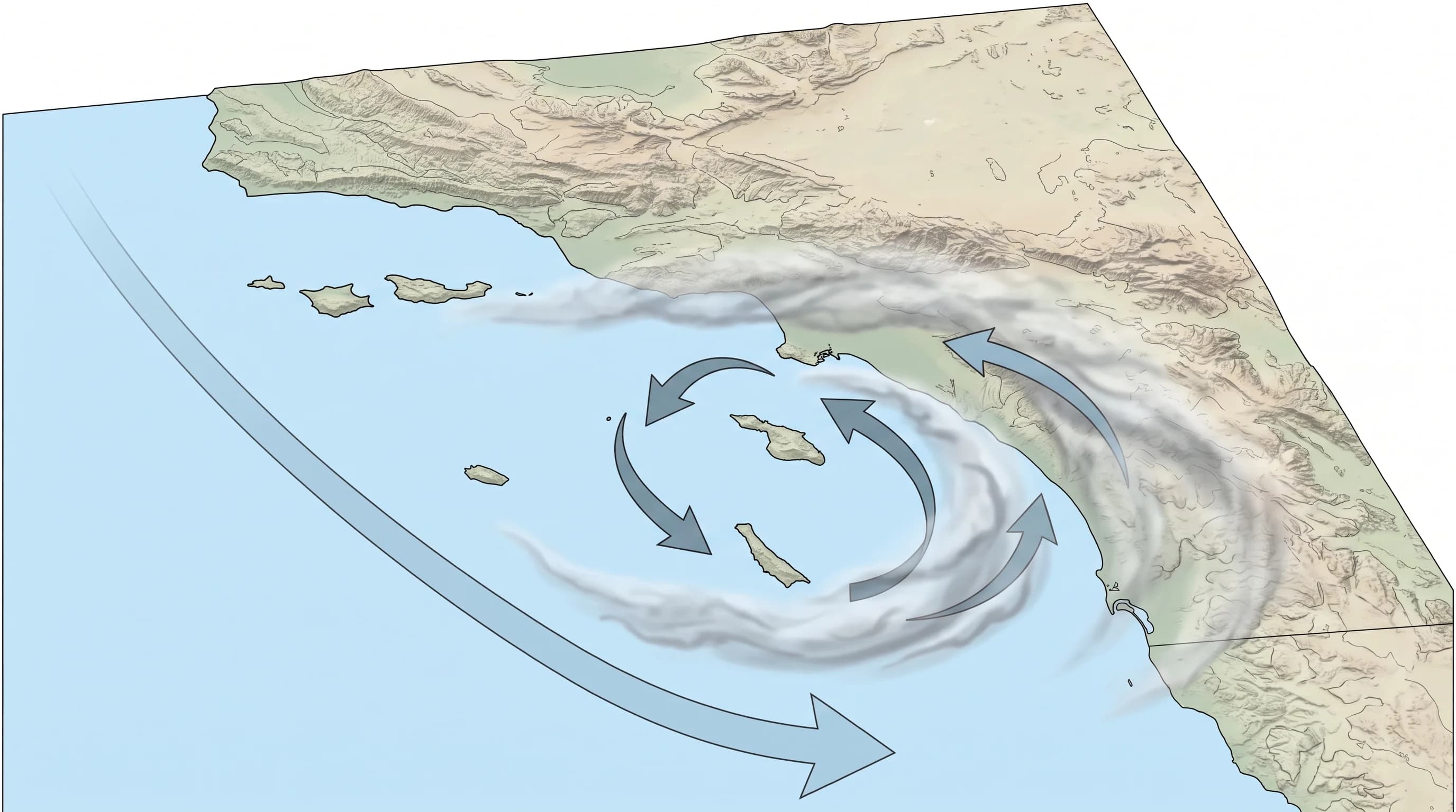 An oblique map of Point Conception, Catalina Island, Los Angeles, and San Diego showing the eddy's shallow counterclockwise winds and the larger northwest flow around the coastal terrain