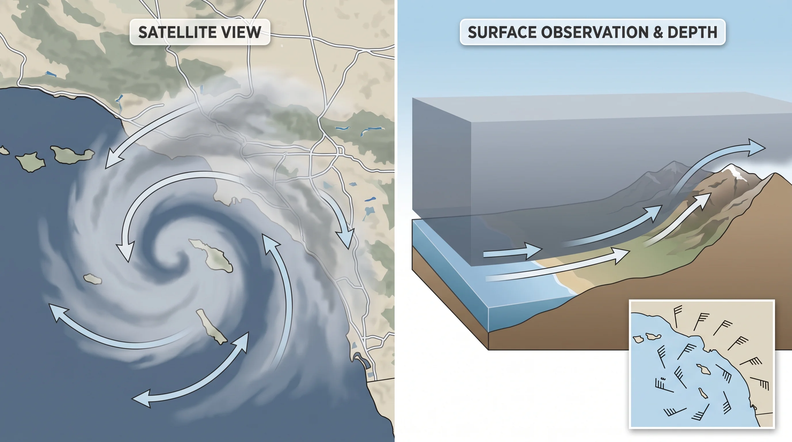 A paired satellite-and-surface-observation graphic showing the low-cloud comma shape, southerly coastal wind shift, marine-layer depth, and inland cloud reach