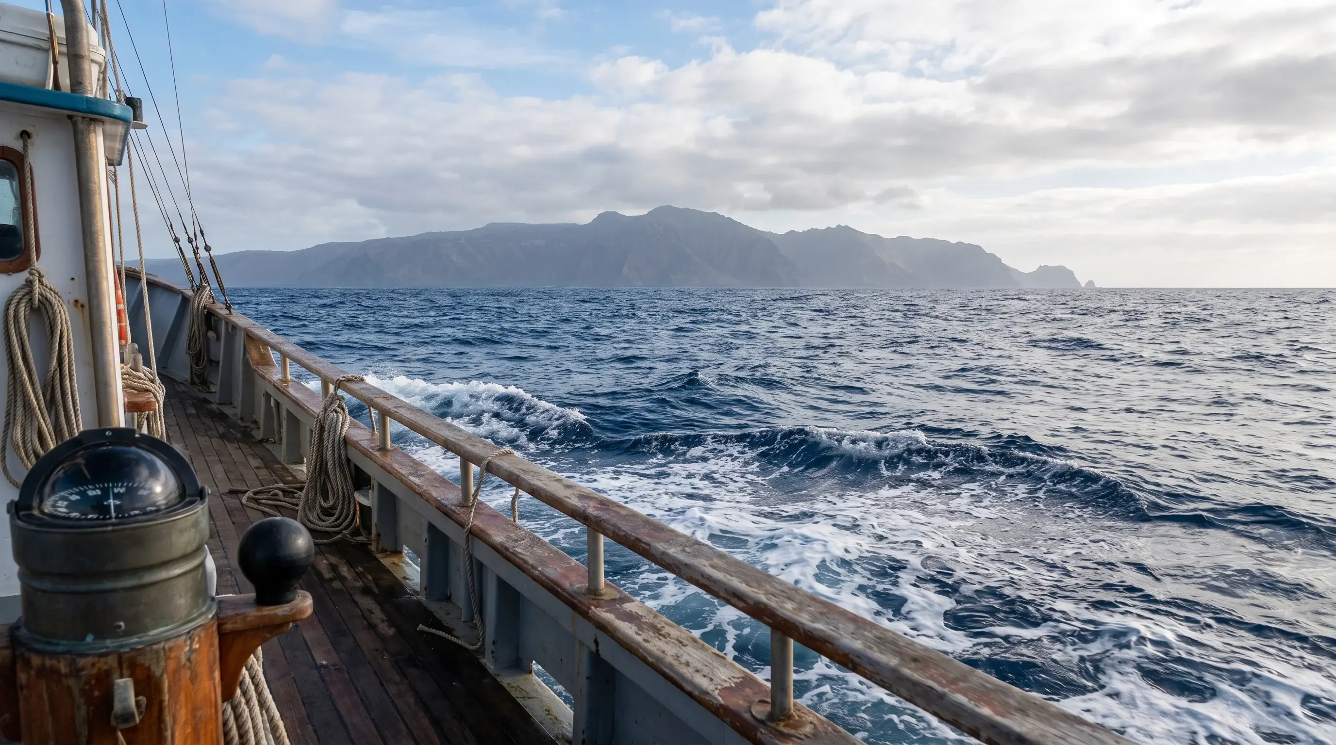 View from a boat deck across open ocean with a moderate swell toward a hazy island on the horizon