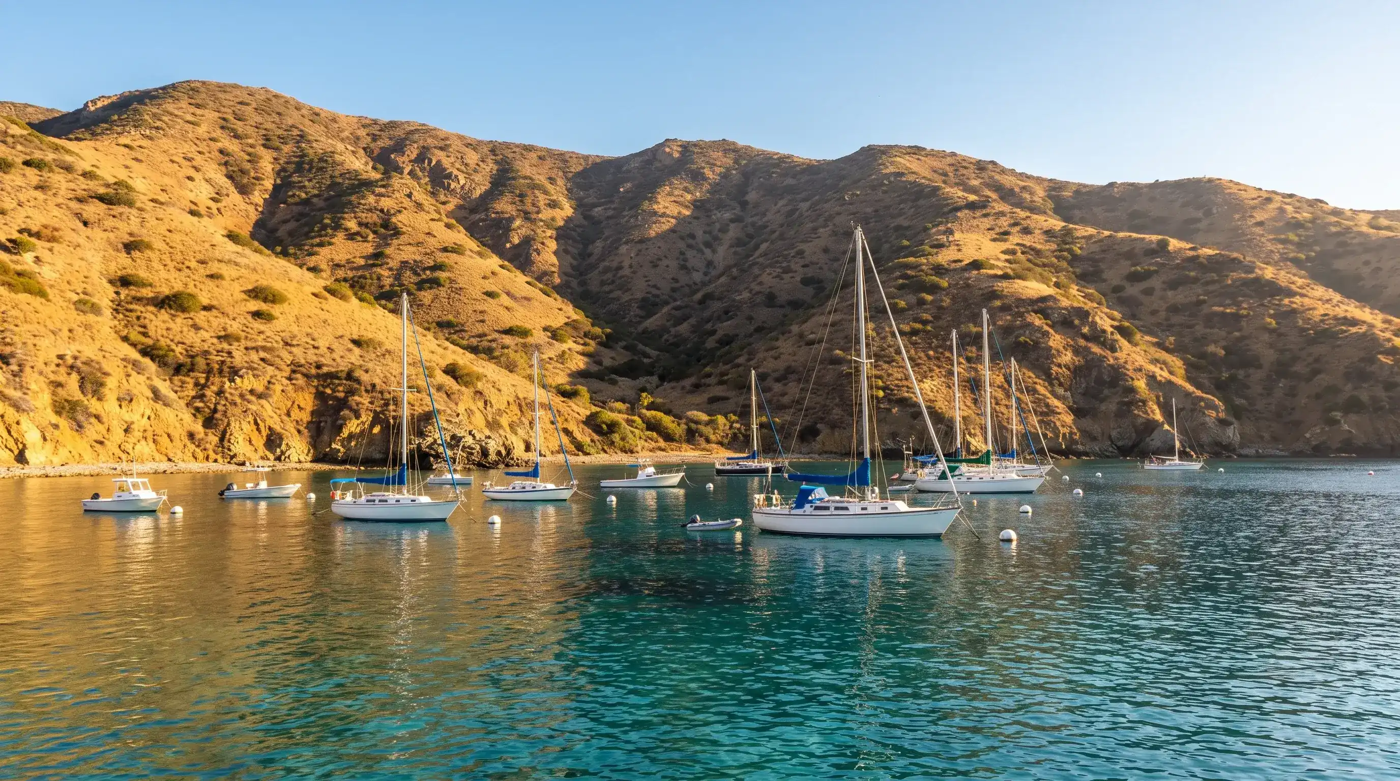 Boats moored in a calm, clear island cove below dry golden hills on a sunny fall morning