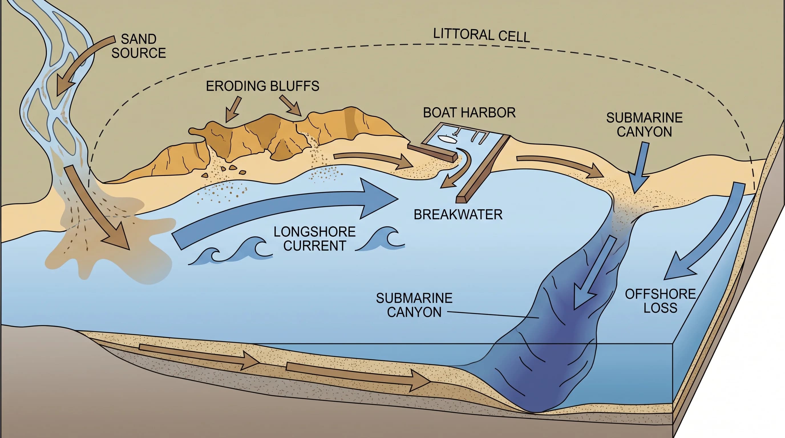 A littoral-cell diagram following sand from river and bluff sources through waves, longshore transport, a harbor, a submarine canyon, and offshore loss