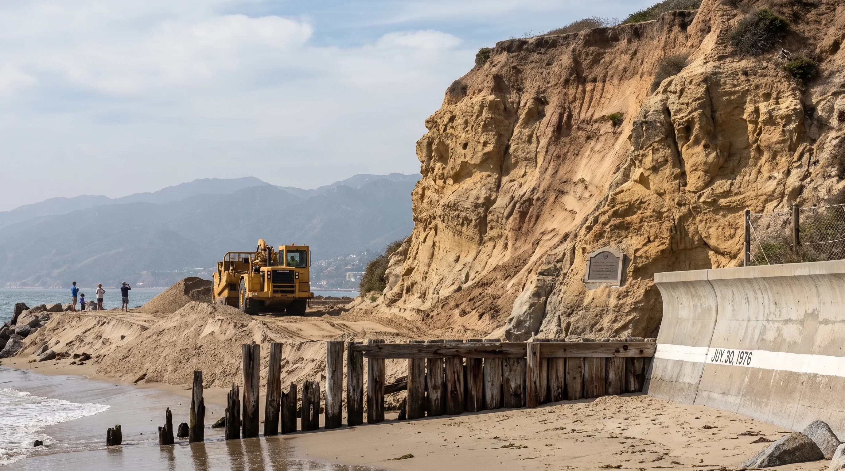 A matched historical and current shoreline profile showing beach nourishment, seawall placement, cliff retreat, sea-level baseline, and measured change dates