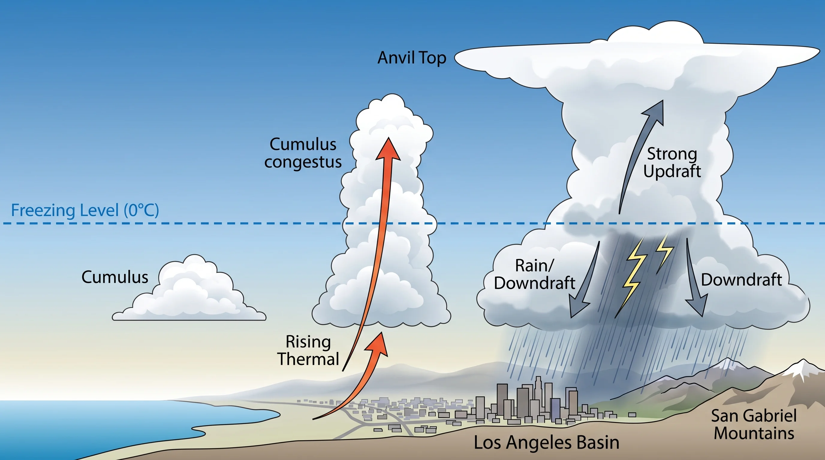 A labeled cloud-lifecycle diagram showing fair-weather cumulus, then a taller cumulus congestus tower, then a mature cumulonimbus with an anvil top, updraft arrow, freezing level line, rain shaft, and downdraft