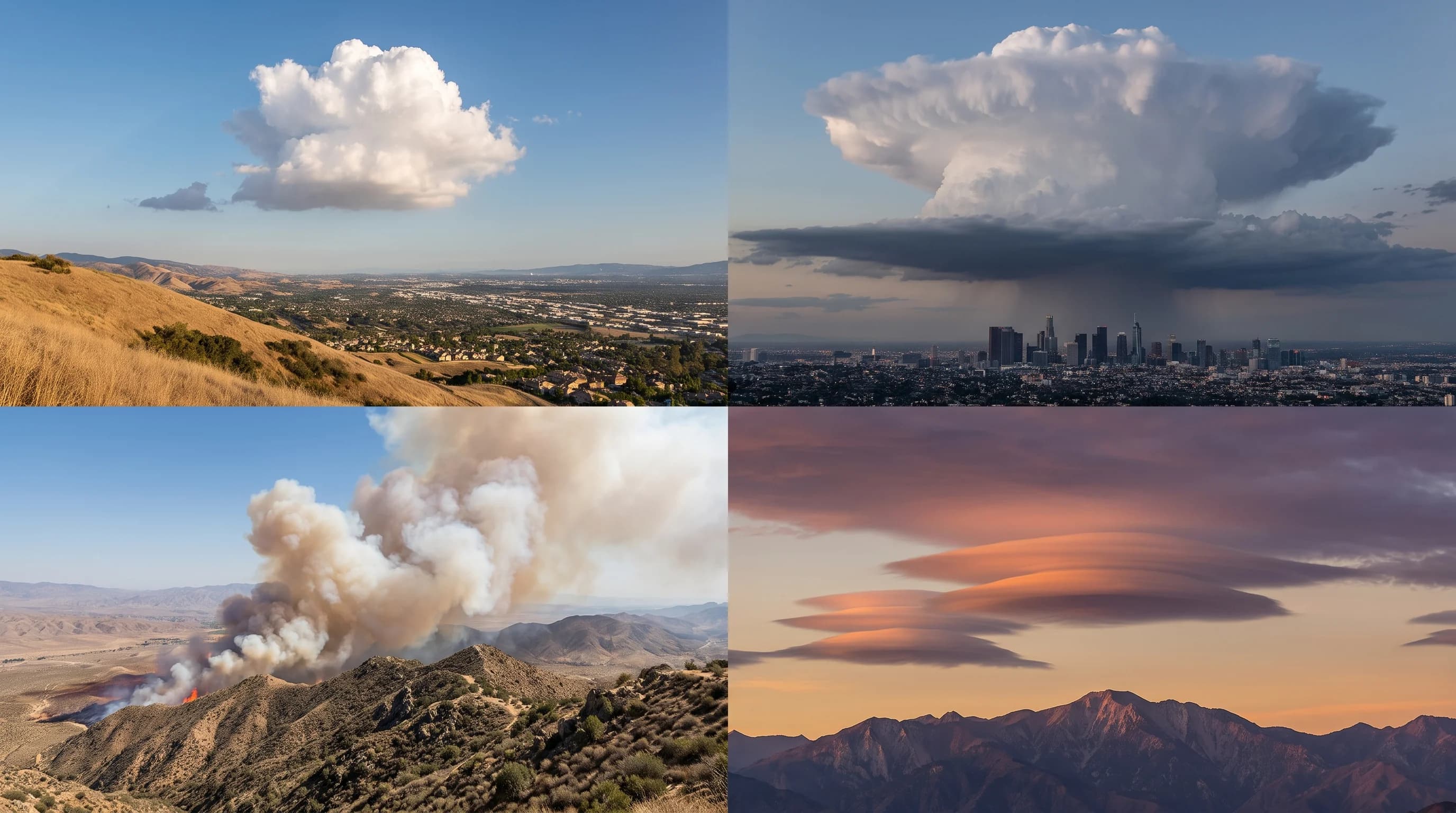 A four-panel visual field guide comparing cumulus, cumulonimbus, pyrocumulus, and lenticular clouds by silhouette, how each forms, whether it produces precipitation, and its main hazard