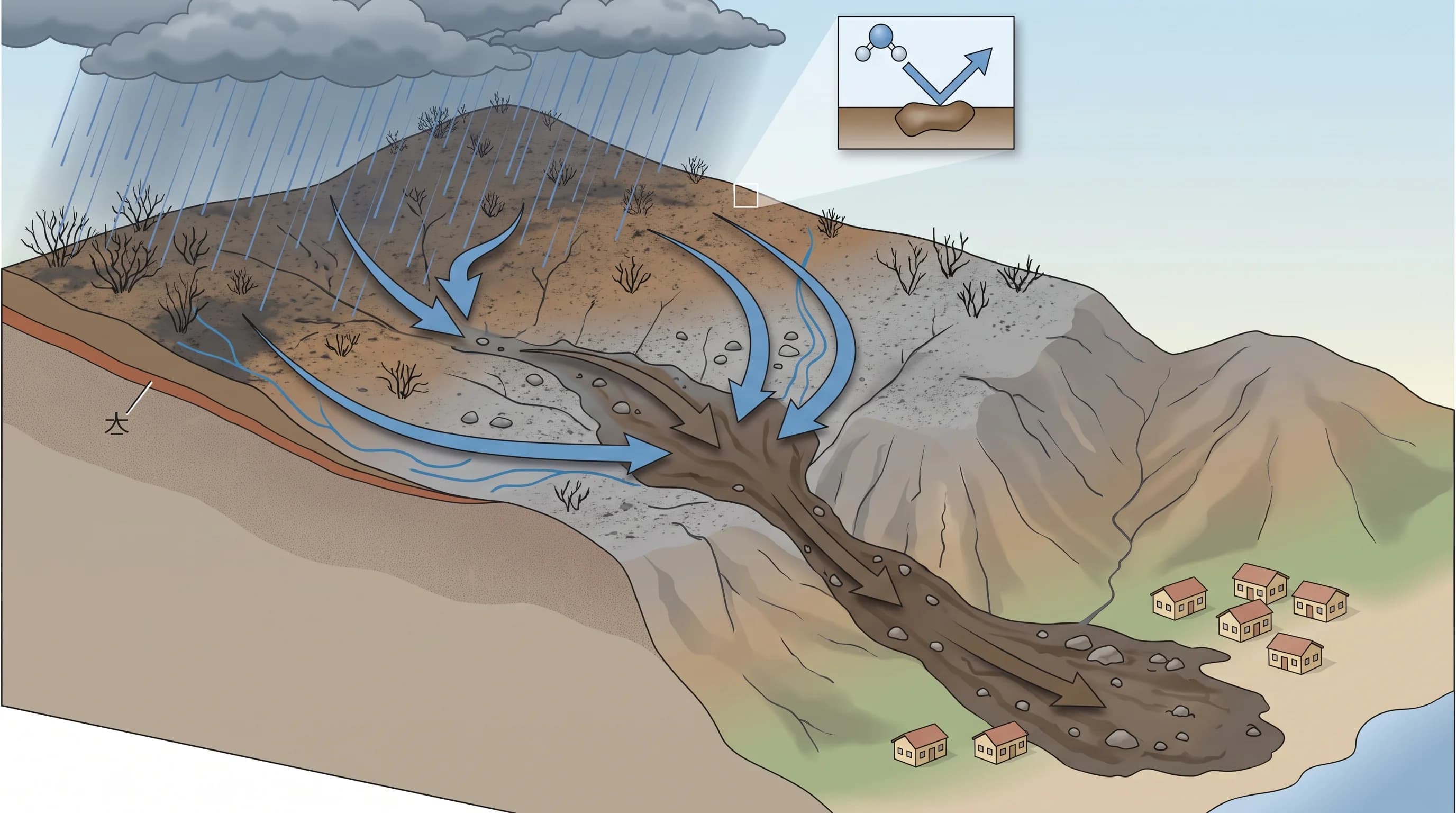 A burn-scar watershed cutaway showing reduced vegetation cover, a water-repellent soil layer near the surface, intense rainfall running off rather than soaking in, converging runoff channels picking up ash and sediment, and the resulting debris flow moving down a canyon toward development