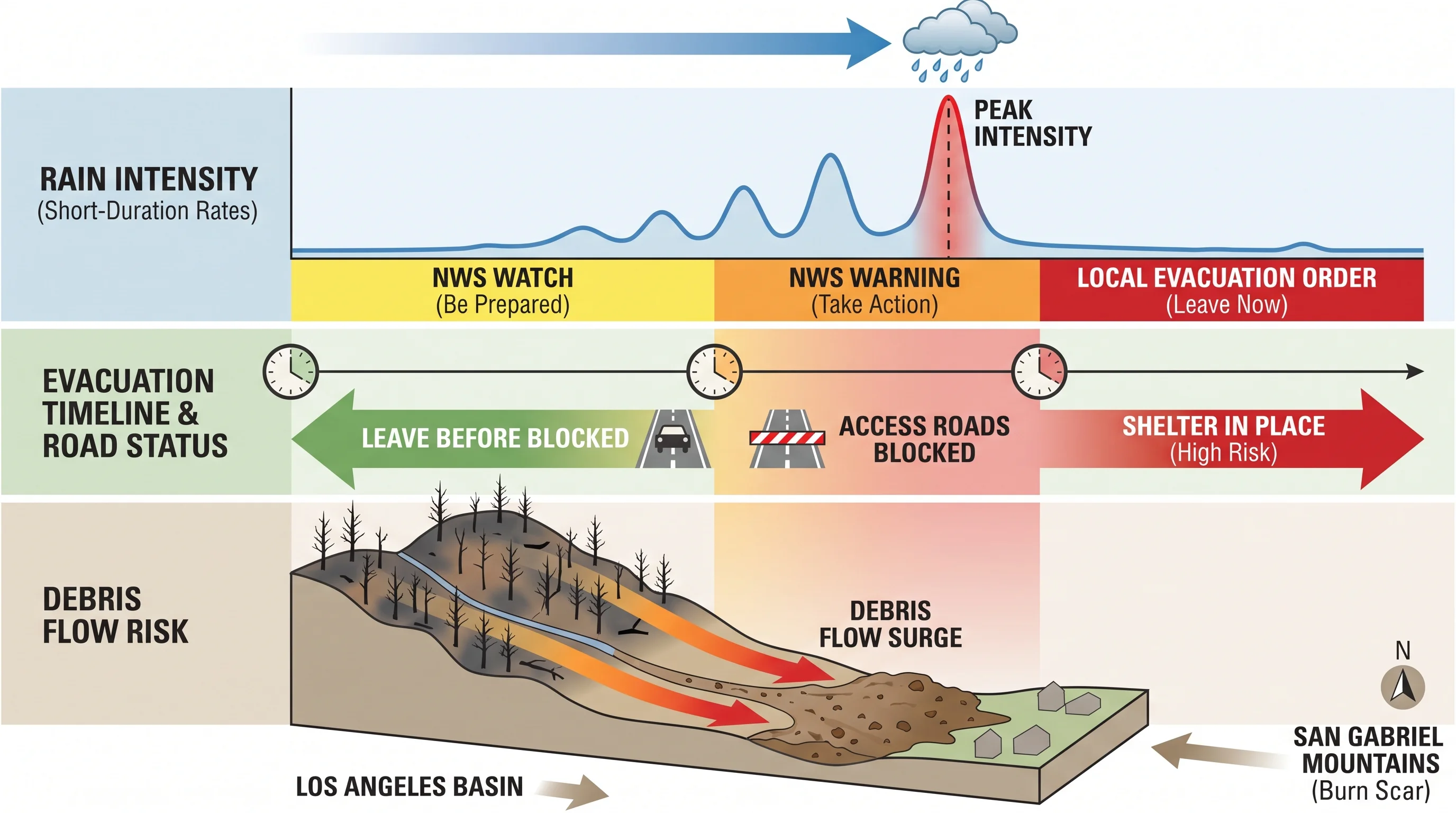 A rainfall-intensity and evacuation timeline showing official short-duration forecast rainfall rates paired with National Weather Service Watch and Warning stages, local evacuation zone status, and the decision point to leave before access roads are blocked