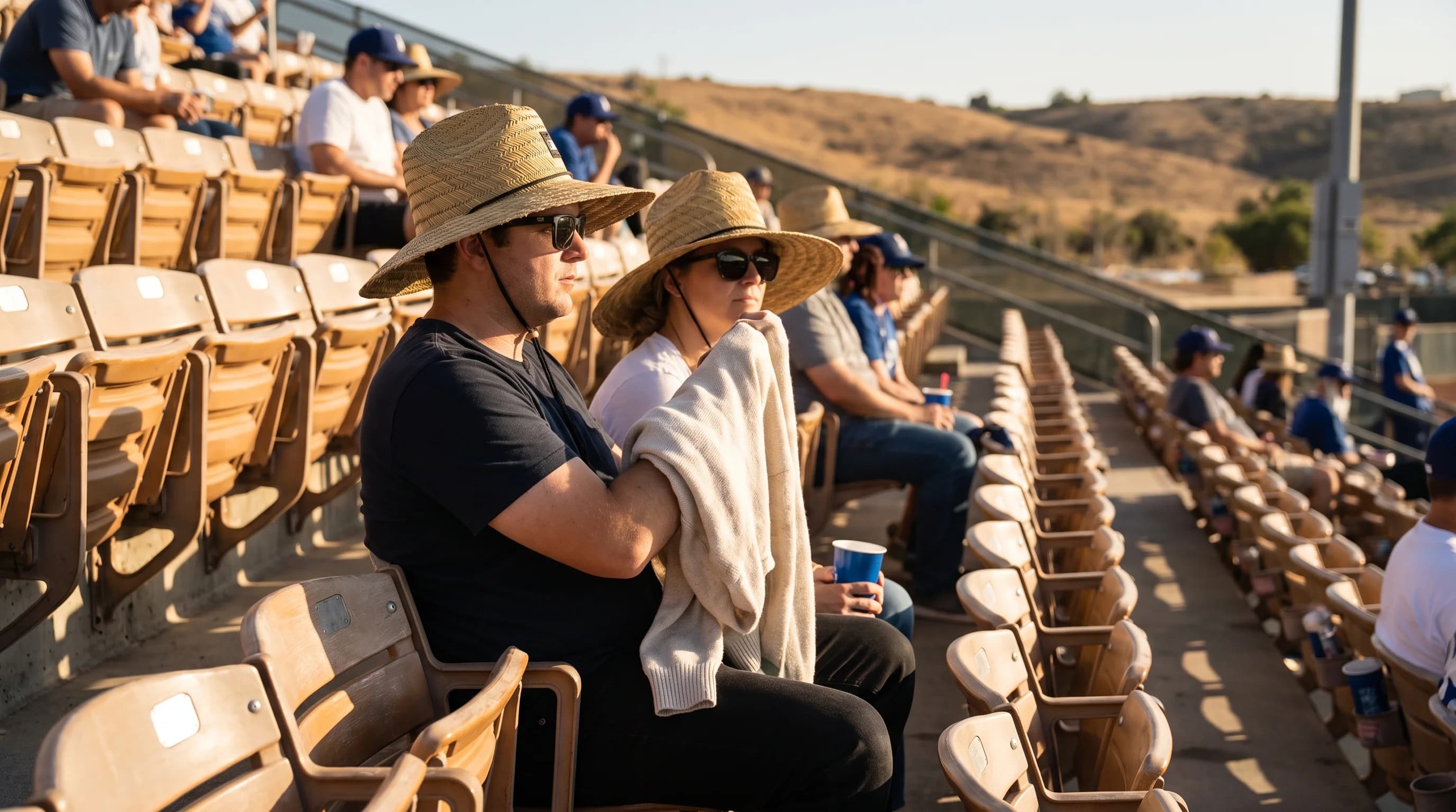 Fans in wide-brimmed sun hats and sunglasses in outdoor stadium seats in strong afternoon sun