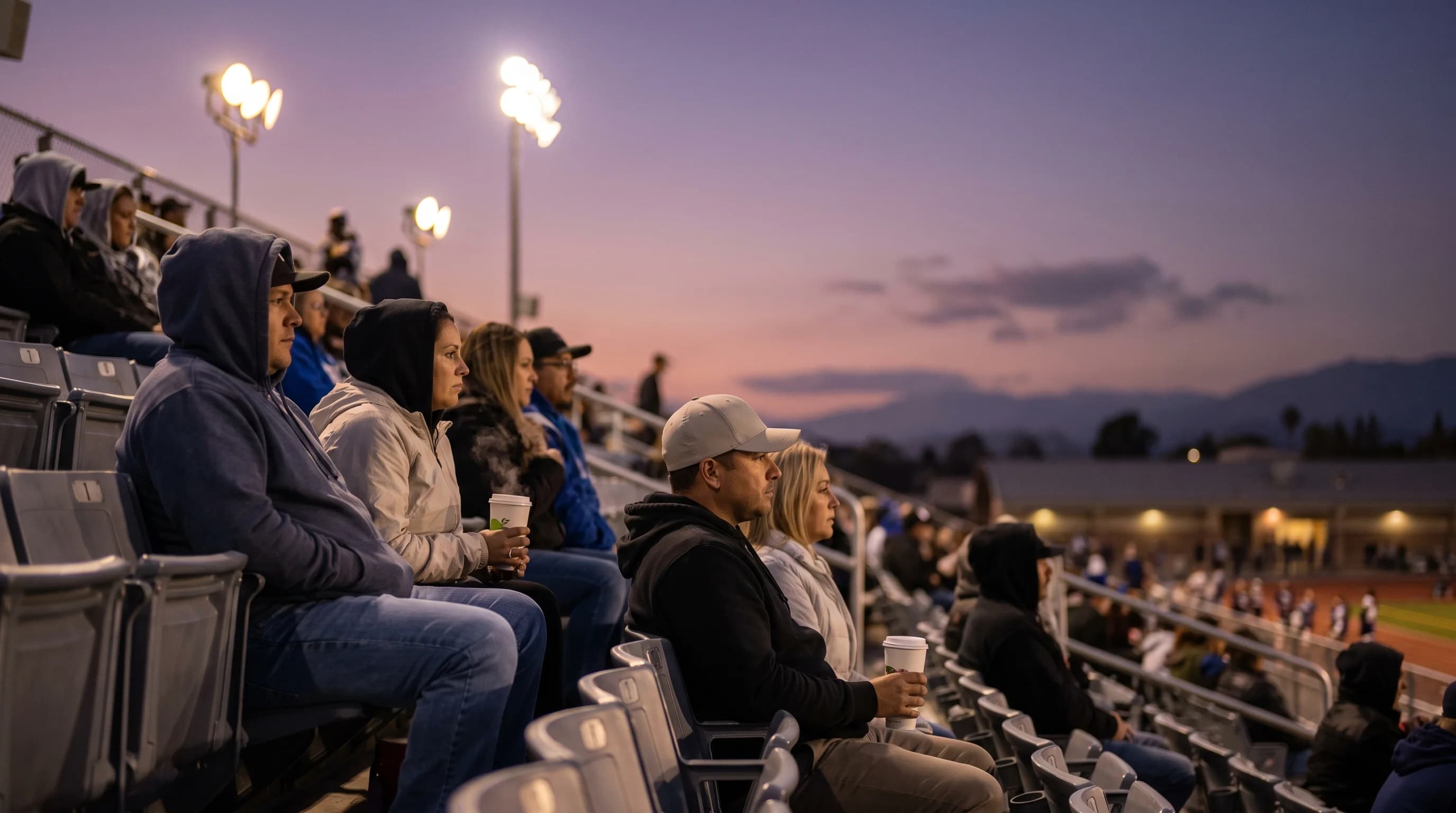 Fans in hoodies holding steaming hot drinks in outdoor stadium seats at dusk under bright lights