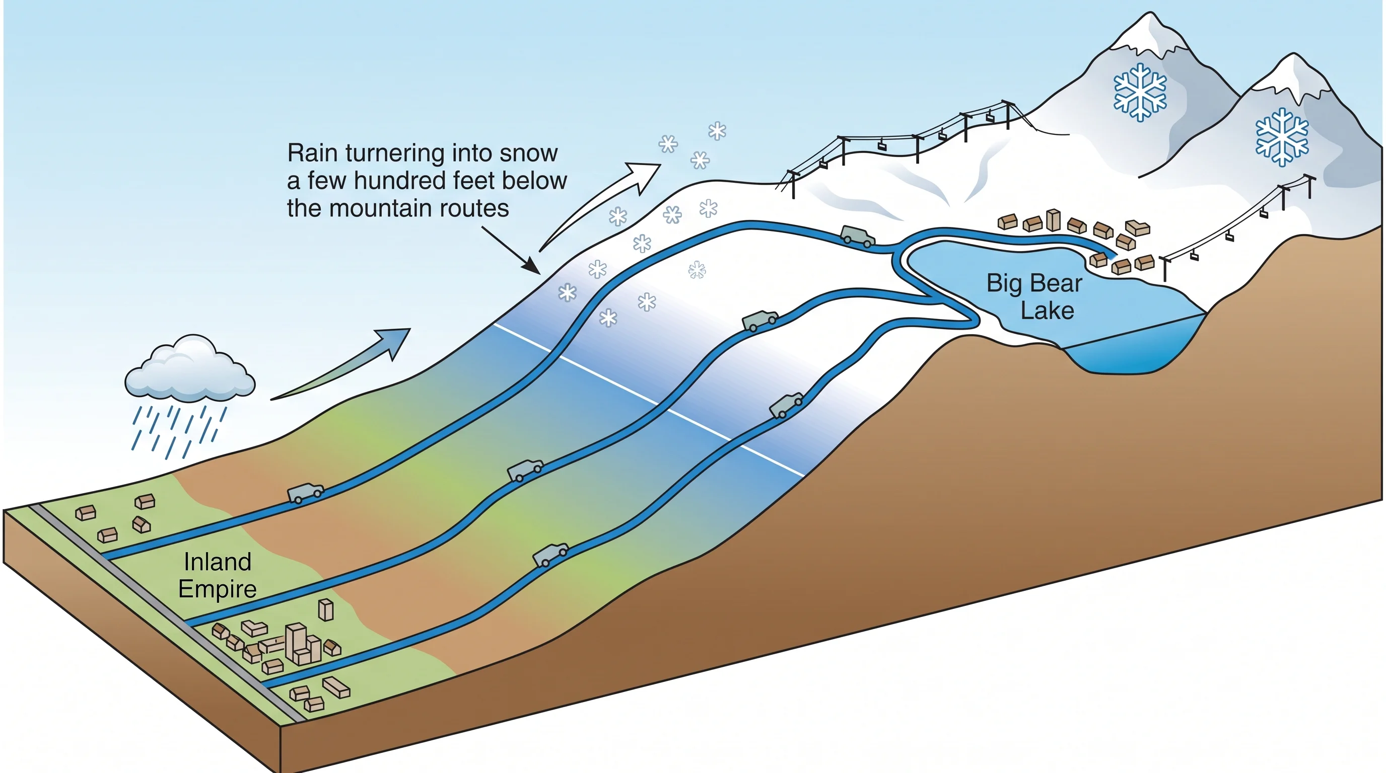 An elevation-profile diagram from the Inland Empire up three highway approaches to Big Bear, showing changing snow level, town elevation, resort summit, and rain-to-snow transition