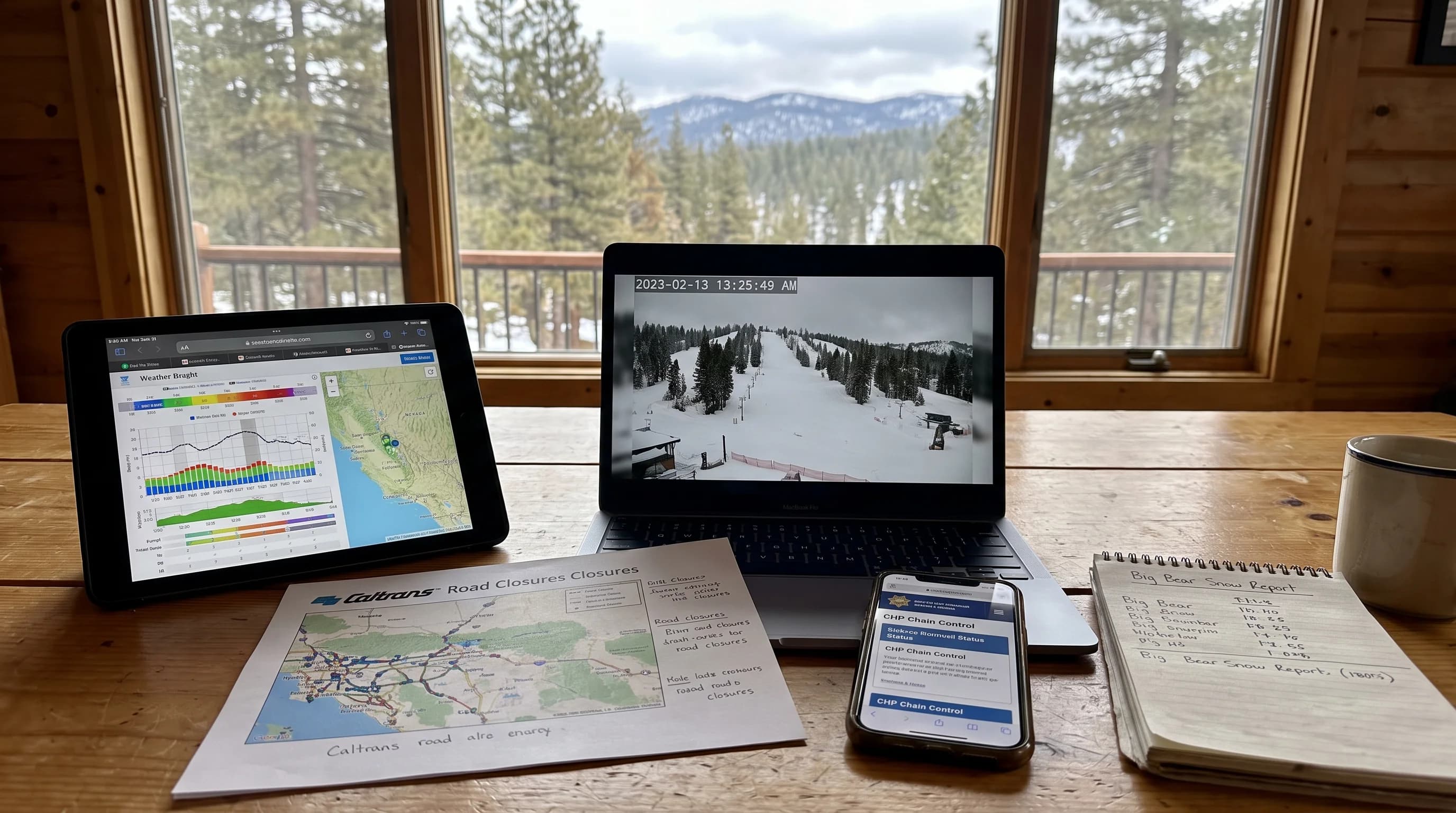 A trip-planning dashboard comparing NWS point forecast, measured snow, webcam timestamp, Caltrans closure, CHP chain status, and resort report location