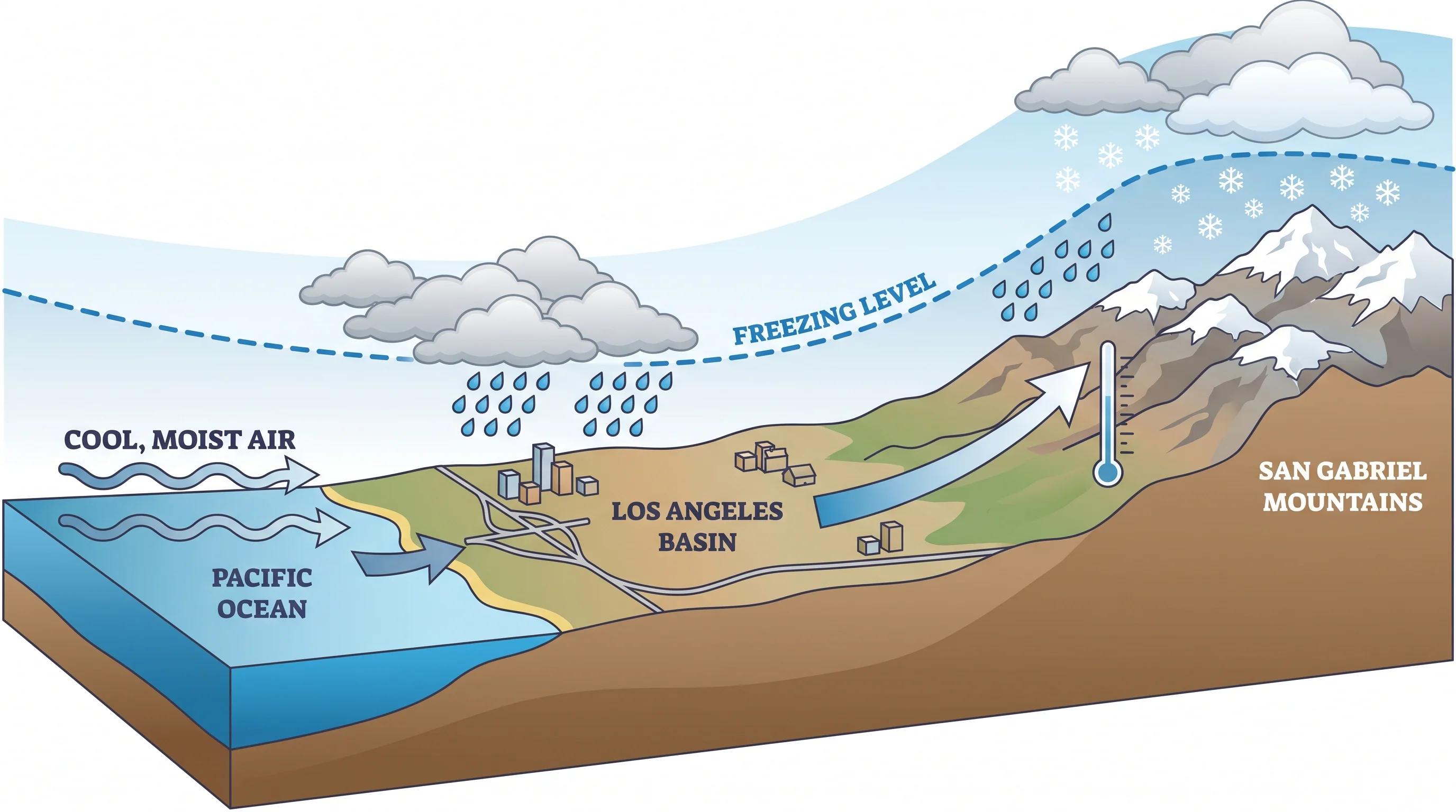 Cross-section illustration from the Pacific coast to the San Gabriel Mountains showing ocean-moderated air near sea level, a labeled freezing level line rising and falling with storm strength, cold rain falling on the Los Angeles Basin, and snow accumulating above the snow line on the high peaks