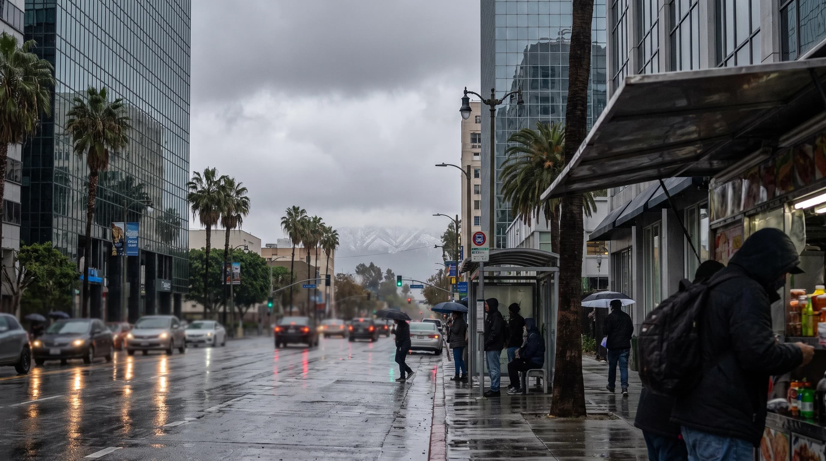 A cold winter morning in Downtown Los Angeles with rain-wet streets and snow visible only on the high San Gabriel peaks in the distance