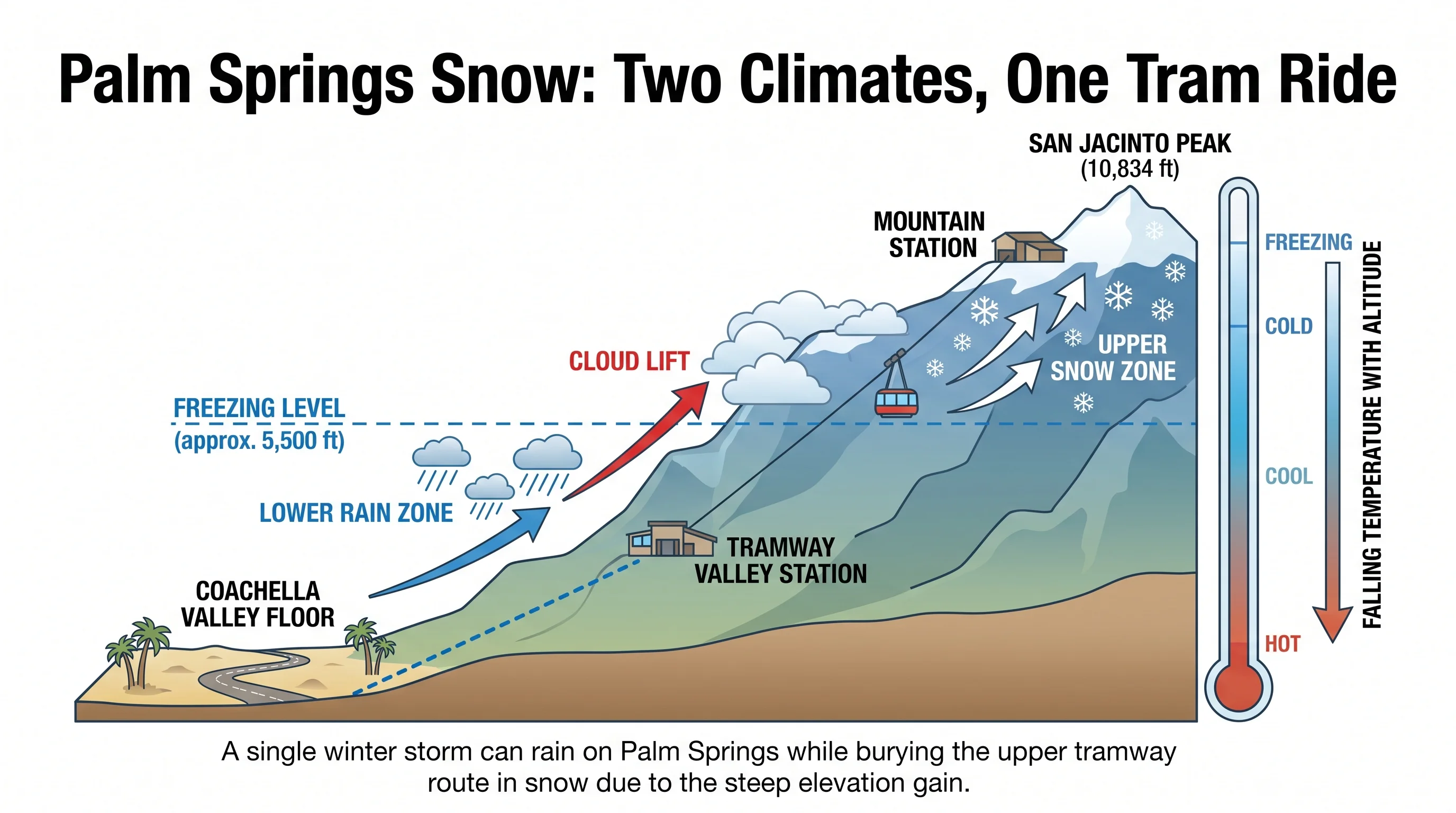 A vertical profile diagram rising from the Coachella Valley floor near Palm Springs through the Tramway Valley Station to the Mountain Station and San Jacinto Peak, labeling falling temperature, the freezing level, cloud lift along the mountain face, a lower rain zone, and an upper snow zone