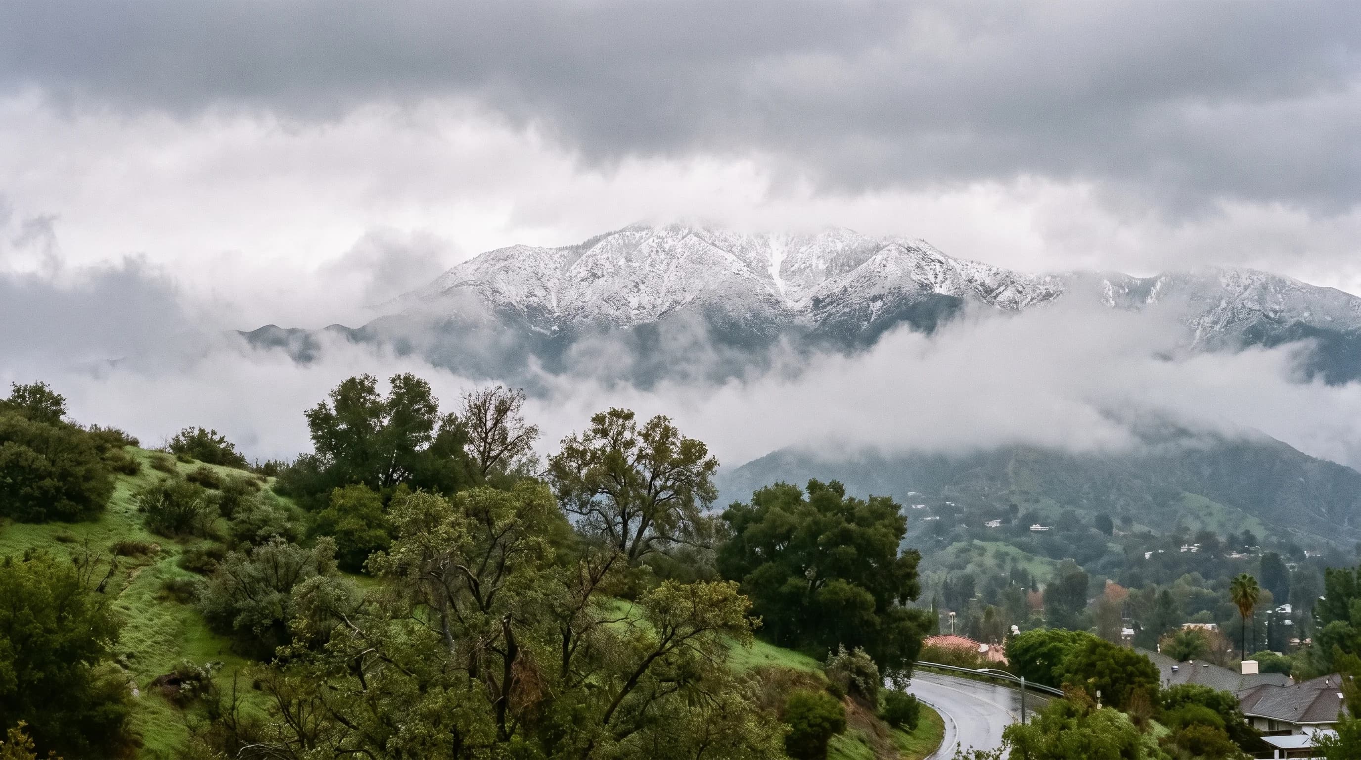 A Pasadena-to-Mount-Wilson slope profile showing the city elevation, foothills, summit, storm snow level, terrain lift, and rain-to-snow transition