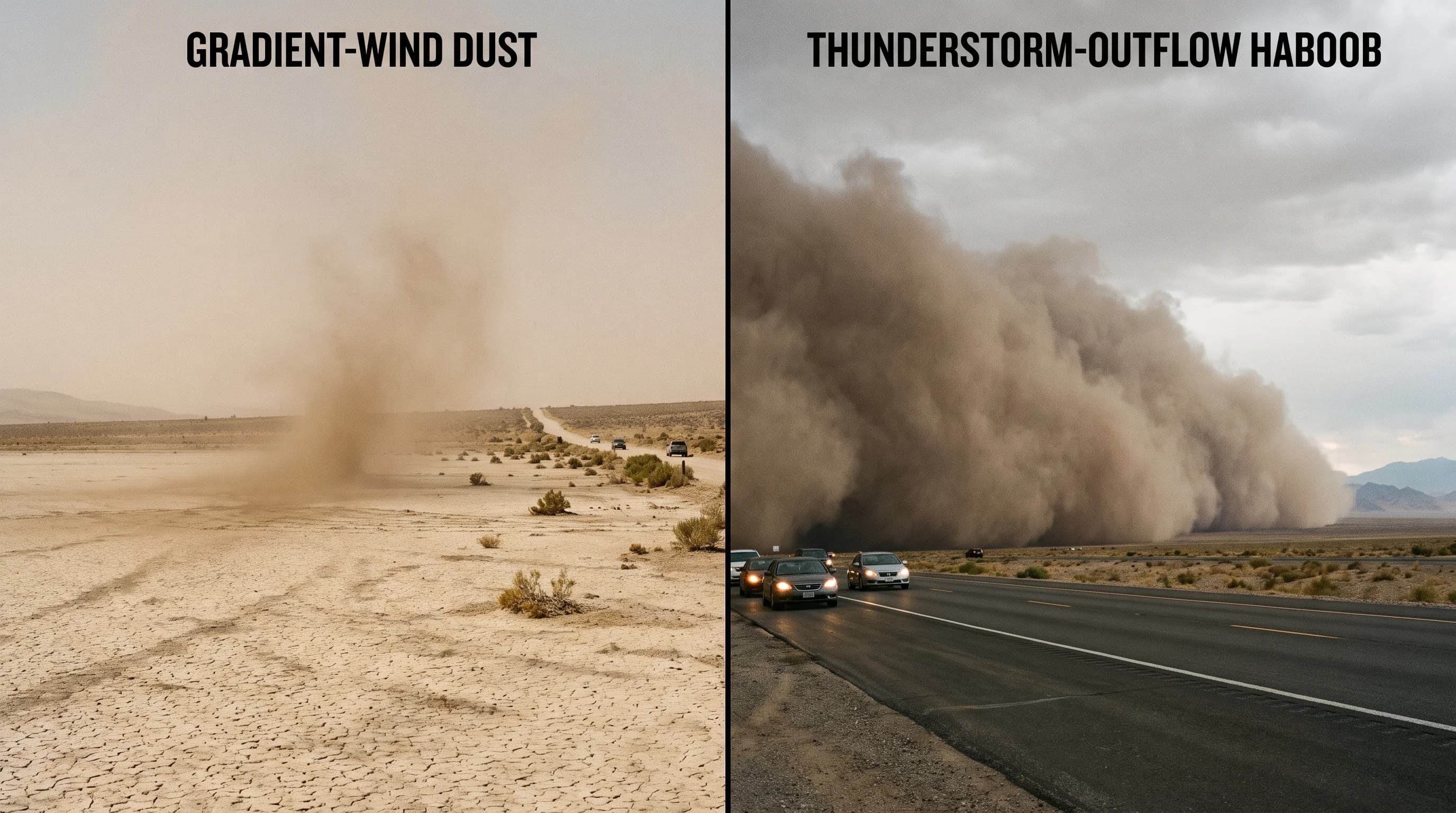 Two formation panels comparing gradient-wind dust from a dry lakebed with a thunderstorm-outflow haboob, labeling loose soil, gust front, and plume direction