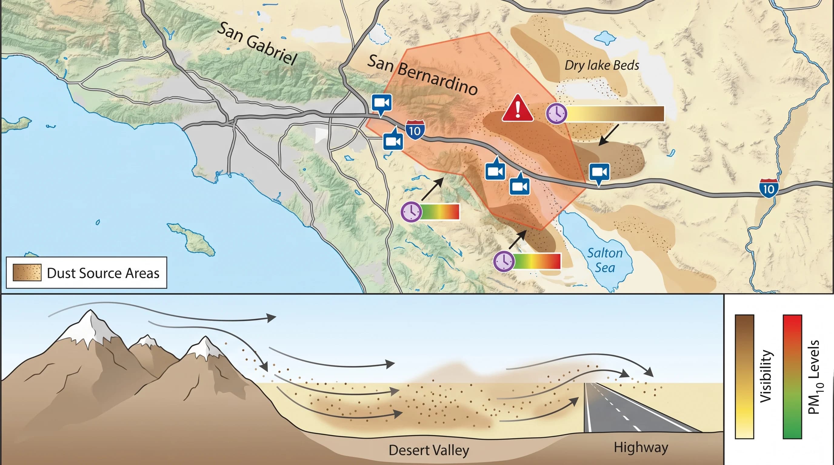 A desert travel map combining exposed dust-source areas, highway camera points, visibility observations, NWS warning polygon, and PM10 monitor timestamps