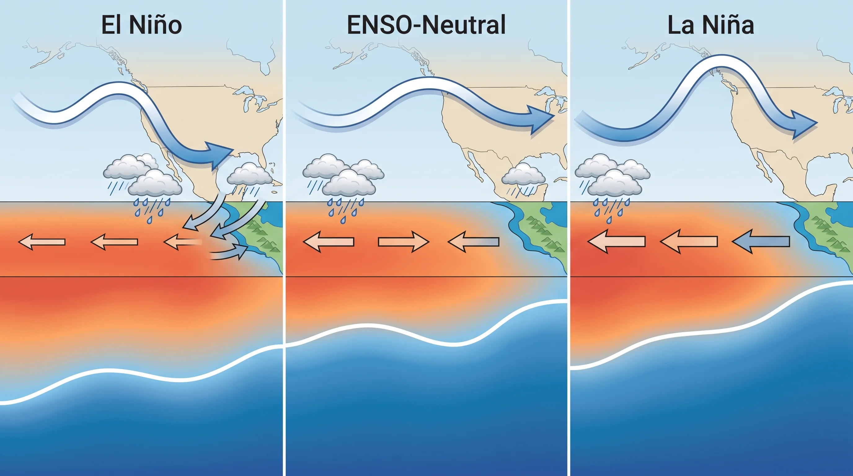 A coupled ocean-atmosphere diagram comparing trade wind strength, thermocline depth, tropical rainfall location, and jet-stream position across El Niño, ENSO-neutral, and La Niña winters