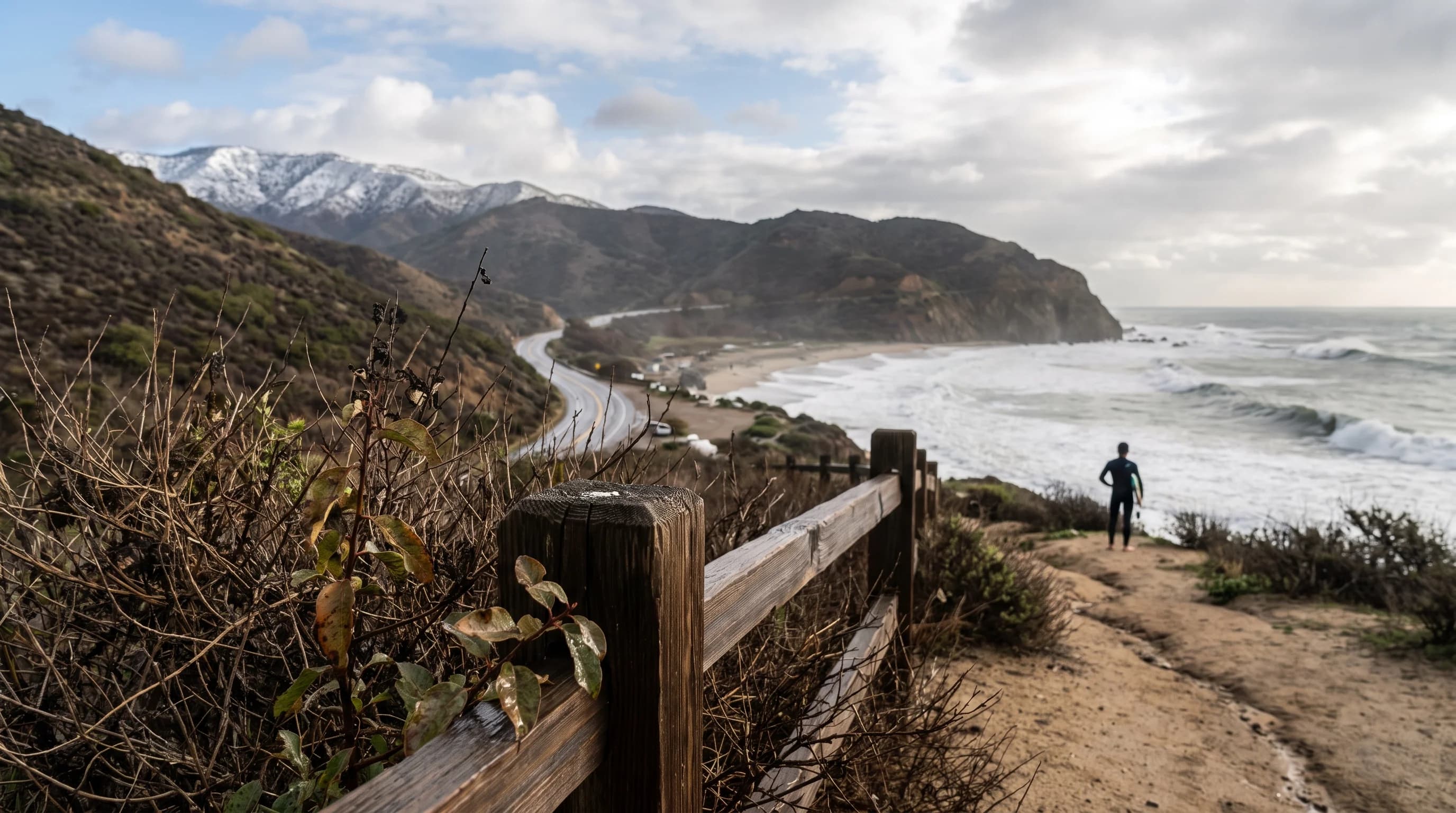 A Southern California outcomes reference table showing that El Niño and La Niña winters can each produce a range of seasonal rain totals, mountain snow, surf heights, and fire-weather conditions rather than one fixed result