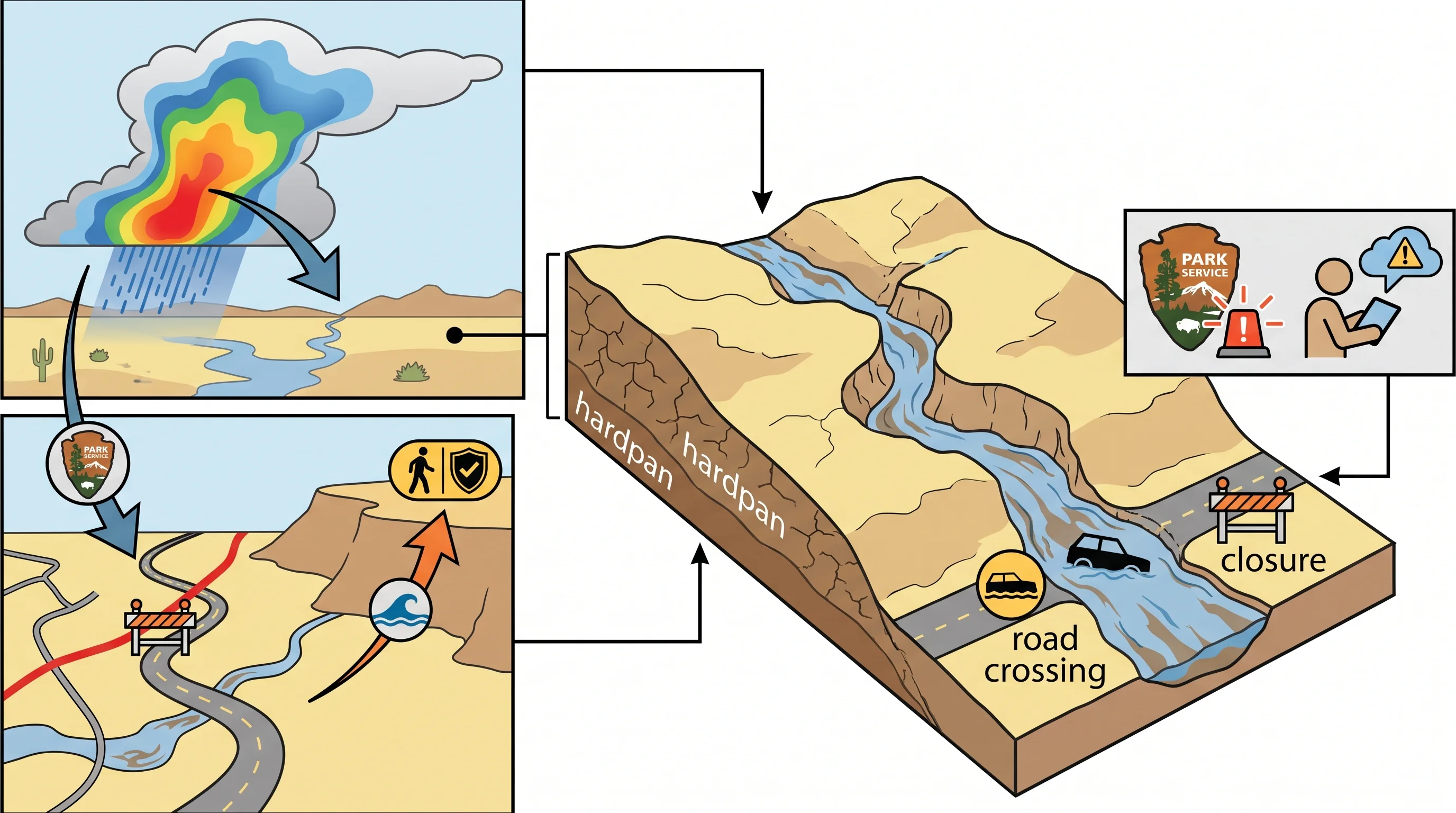 A park decision map pairing upstream radar cells, signed wash crossings, road closures, higher-ground escape points, and National Park Service alerts