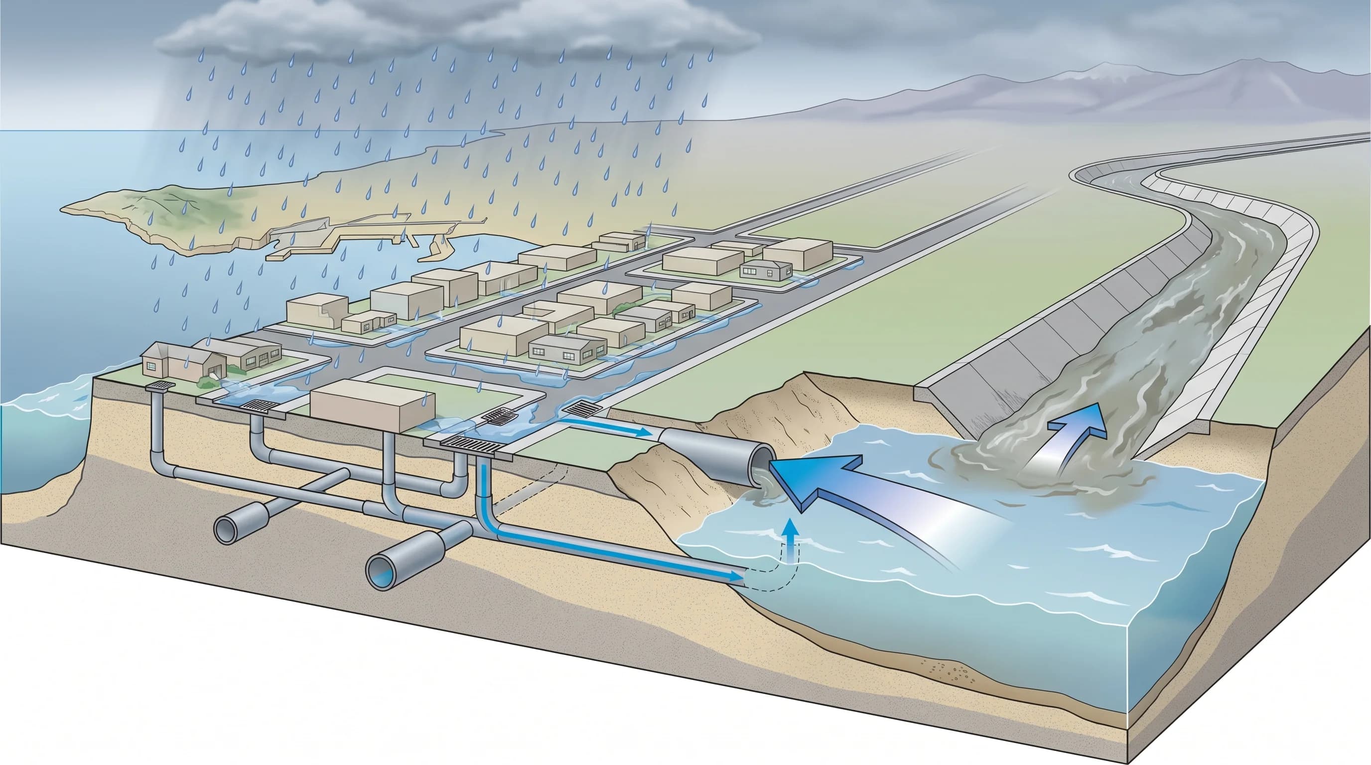 Cutaway illustration separating a Long Beach neighborhood storm drain line from the larger Los Angeles and San Gabriel River flood control channels, with an arrow showing elevated harbor water slowing the outflow point where drains empty near the coast