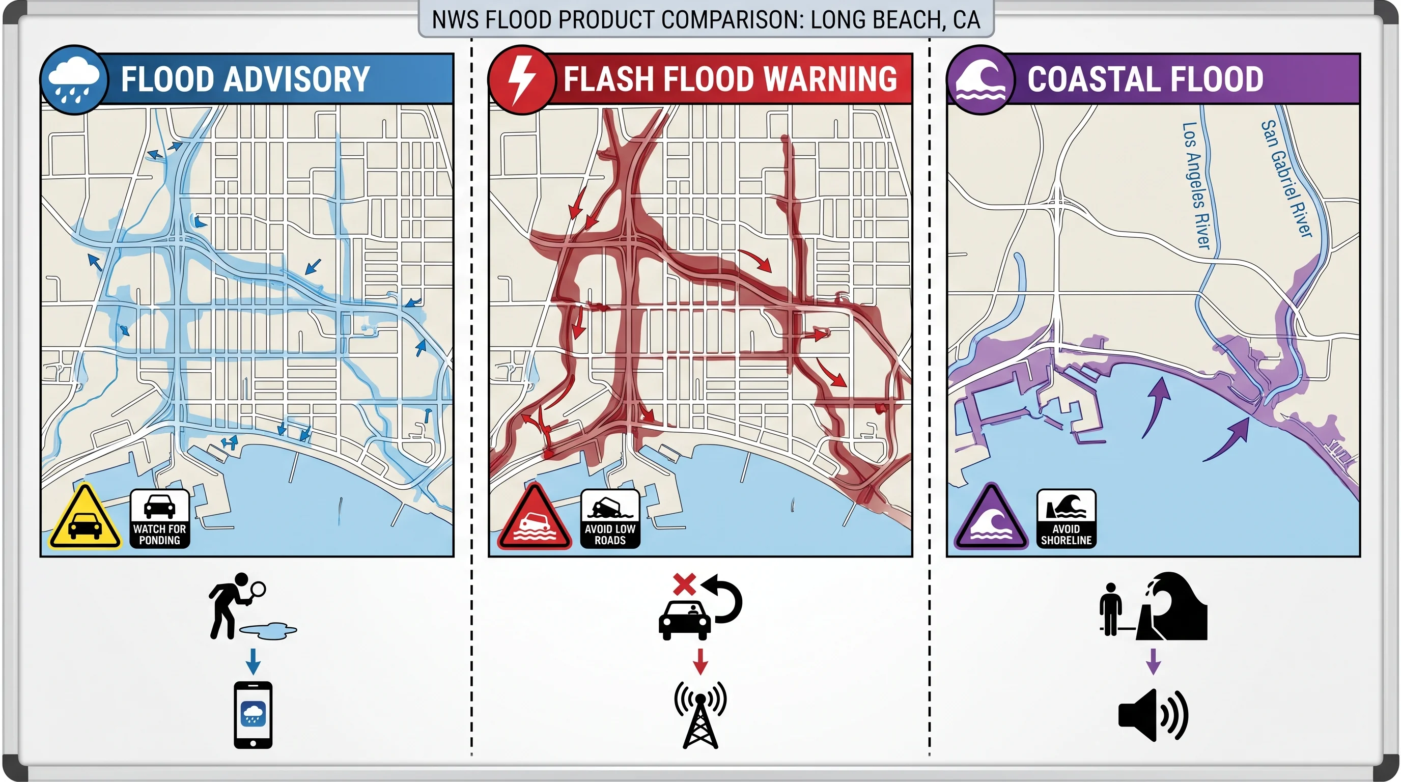 A reference graphic comparing Flood Advisory, Flash Flood Warning, and Coastal Flood alert products against Long Beach streets, the LA and San Gabriel River outlets, and the shoreline, with a short recommended action listed under each alert type