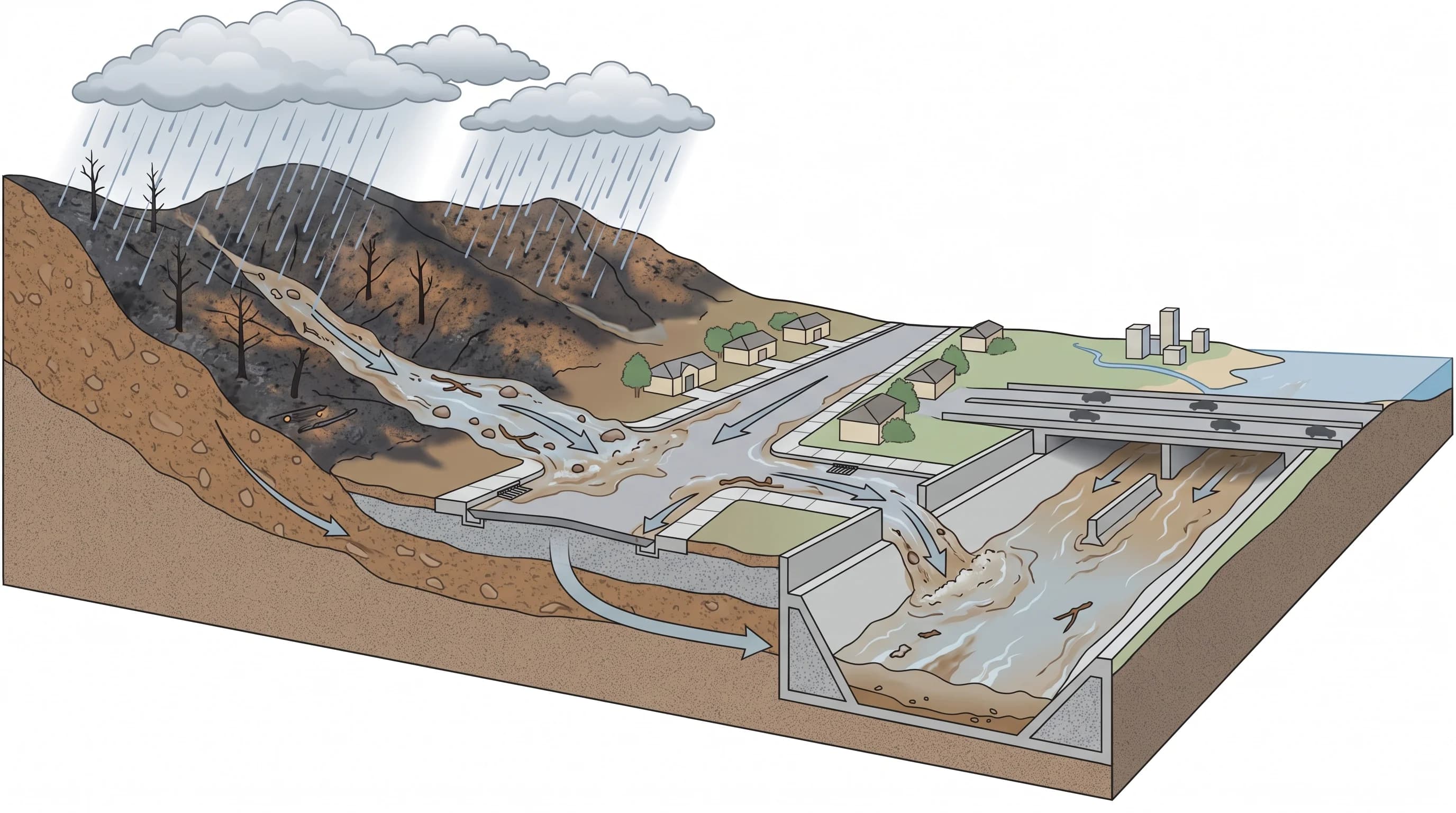 Cutaway illustration of a Los Angeles watershed showing rain on a burned mountain slope running off as debris-laden water, crossing paved streets with almost no absorption, and collecting in a concrete flood control channel before reaching a low freeway underpass