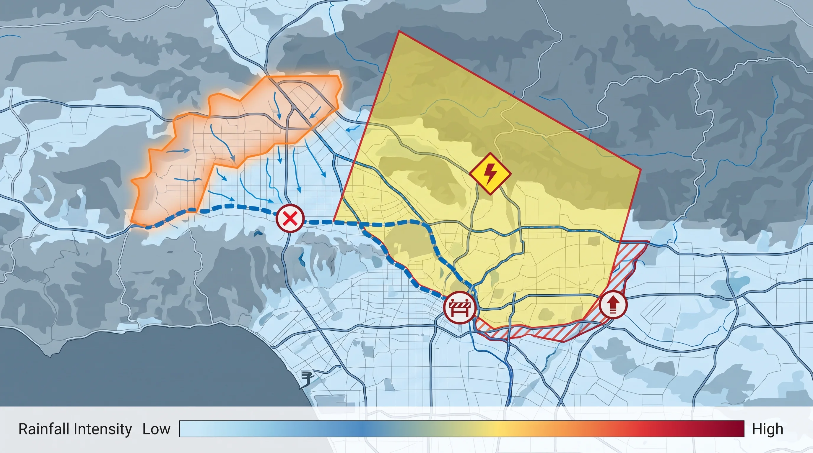 Route-planning graphic layering rainfall rate over a Los Angeles-area map with a burn perimeter outline, a Flash Flood Warning polygon, a closed flood control channel access point, a barricaded underpass, and an evacuation zone boundary