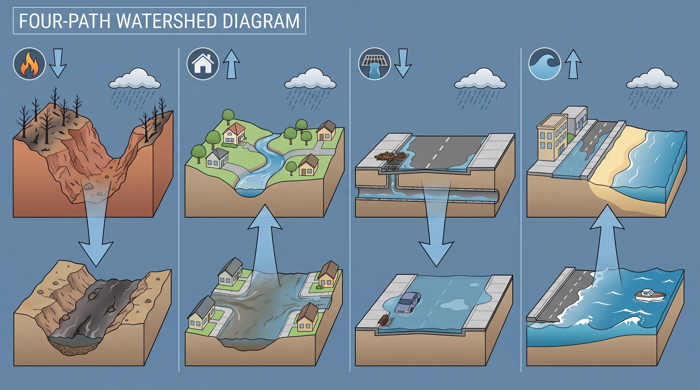 A four-path watershed diagram comparing burn-scar canyon runoff, a rising suburban creek, an overloaded urban storm drain, and tide-influenced coastal street ponding