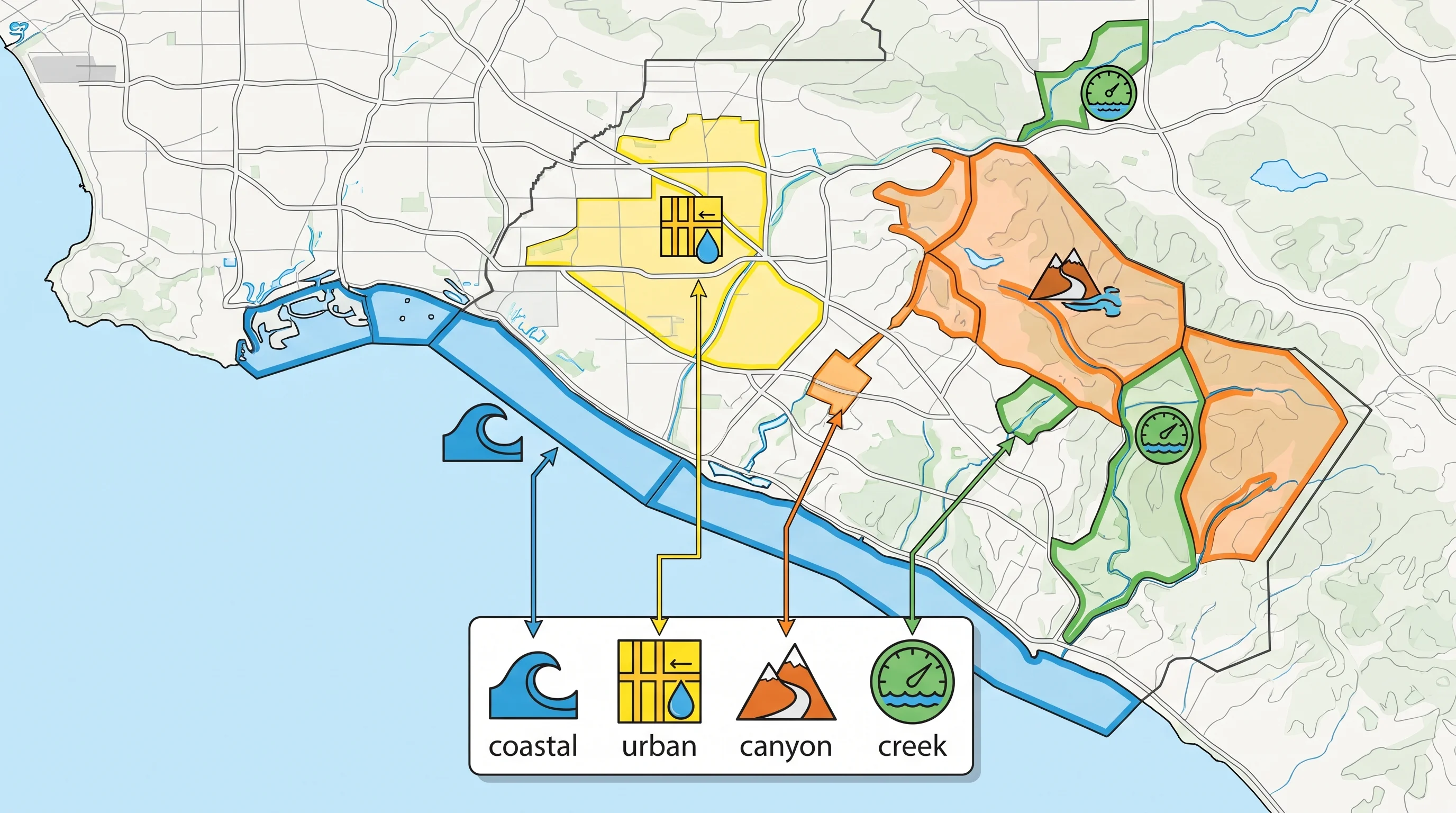 An Orange County alert map aligning NWS San Diego warning polygons with canyon road closures, creek gauge markers, city street notices, and coastal flood advisory zones