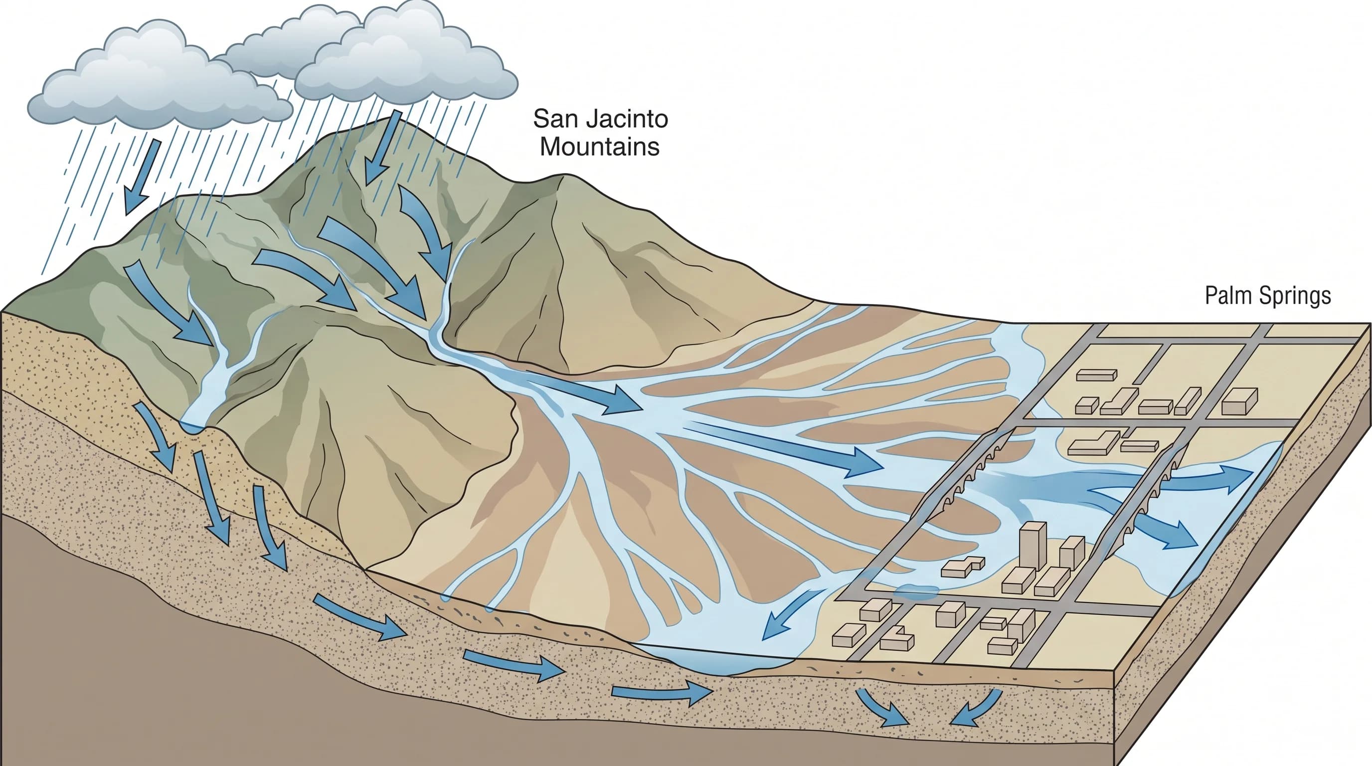 A mountain-to-desert fan cross-section showing canyon runoff from the San Jacinto Mountains spreading into washes that intersect streets, bridges, and developed valley areas of Palm Springs