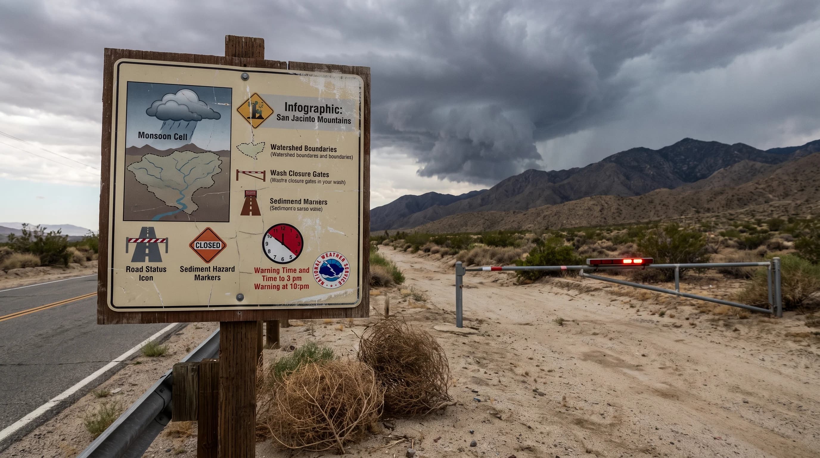 A Palm Springs travel panel combining monsoon cell position over the San Jacinto Mountains, upstream watershed boundaries, wash closure gates, road status icons, sediment hazard markers, and NWS warning timing