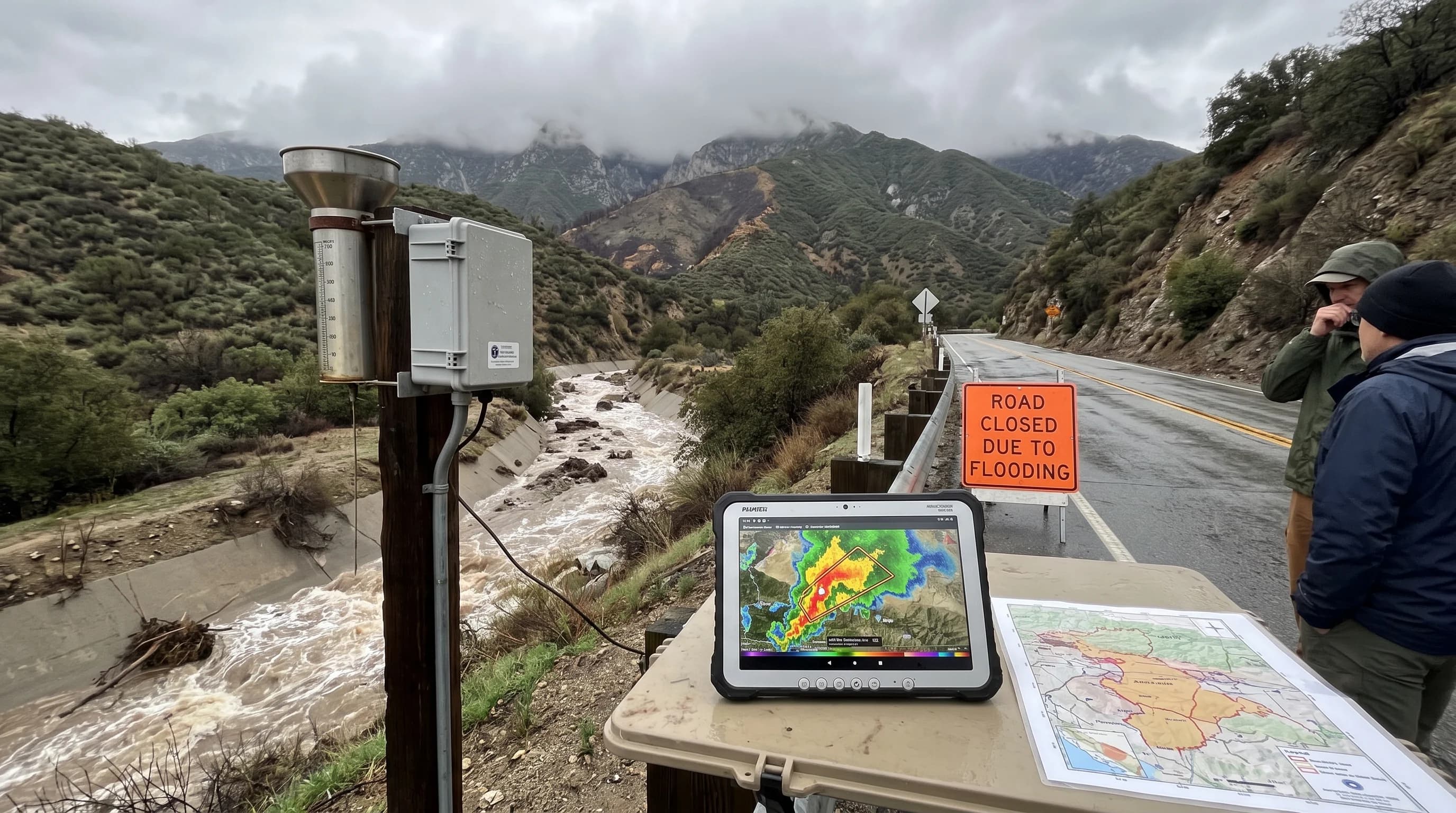 A Pasadena storm-monitoring layout pairing mountain rain gauges, radar, warning polygon, arroyo flow, burn-scar zones, and road closures
