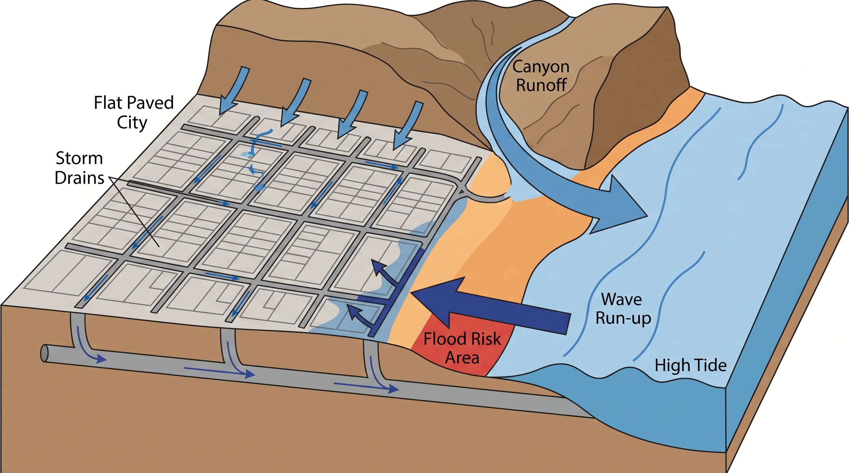 A neighborhood-to-ocean drainage diagram showing pavement, short coastal watersheds, storm drains, canyon mouths, tide level, and wave run-up