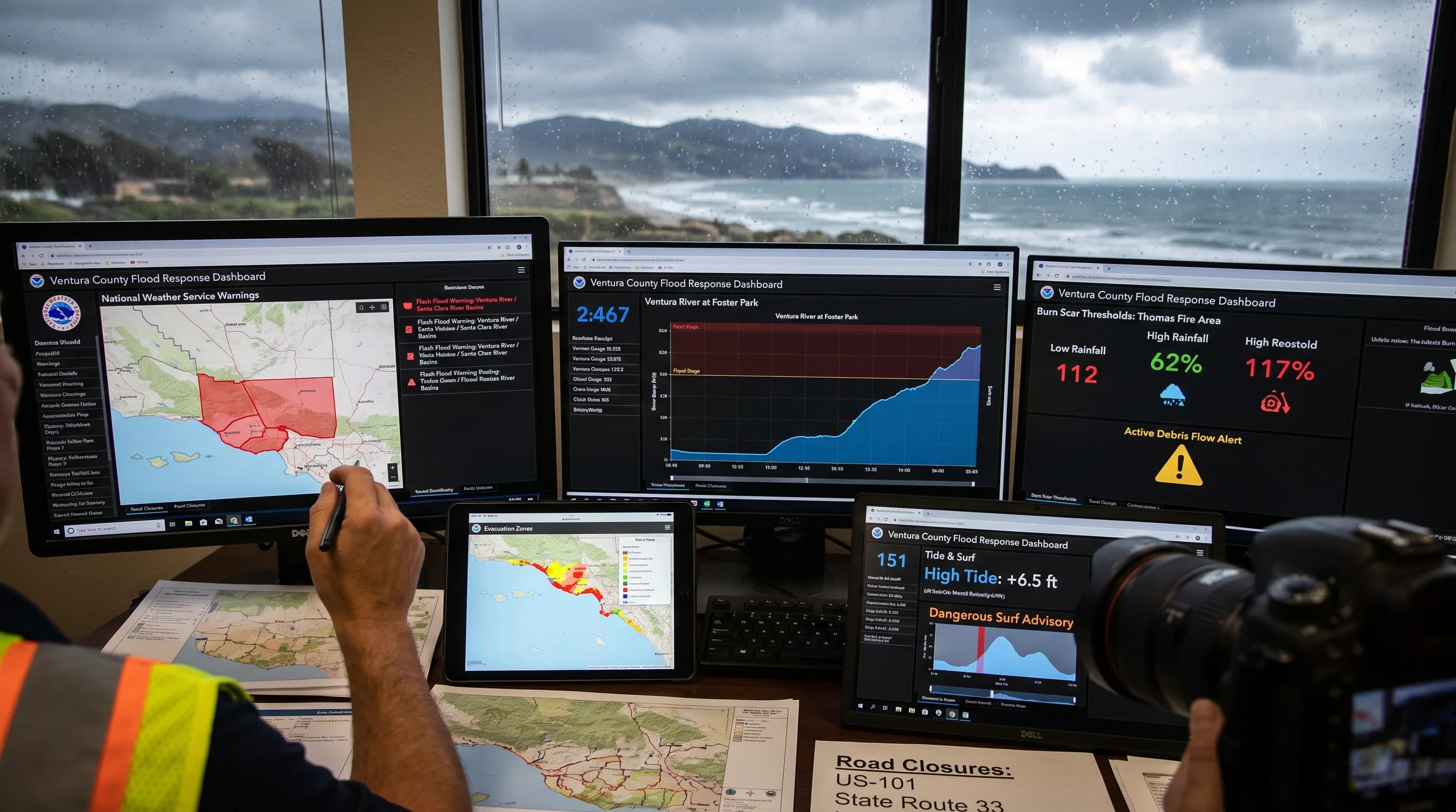 A Ventura response dashboard pairing NWS Los Angeles warnings, river gauges, burn-scar thresholds, evacuation zones, tide and surf, and road closures