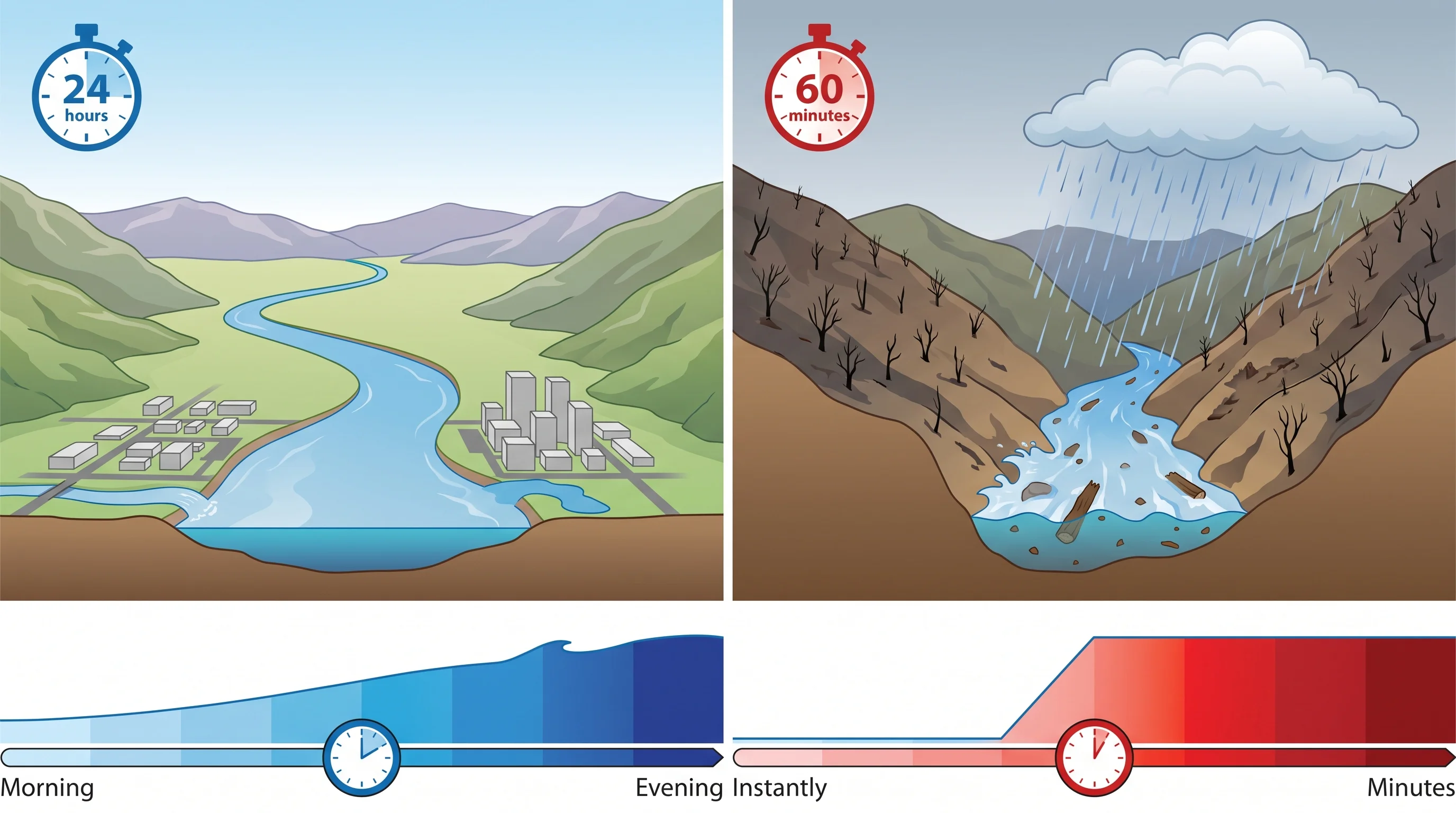 A side-by-side timeline comparing a slow-rising river flood over a full day against a flash flood in a steep canyon that surges within minutes of an intense rain cell