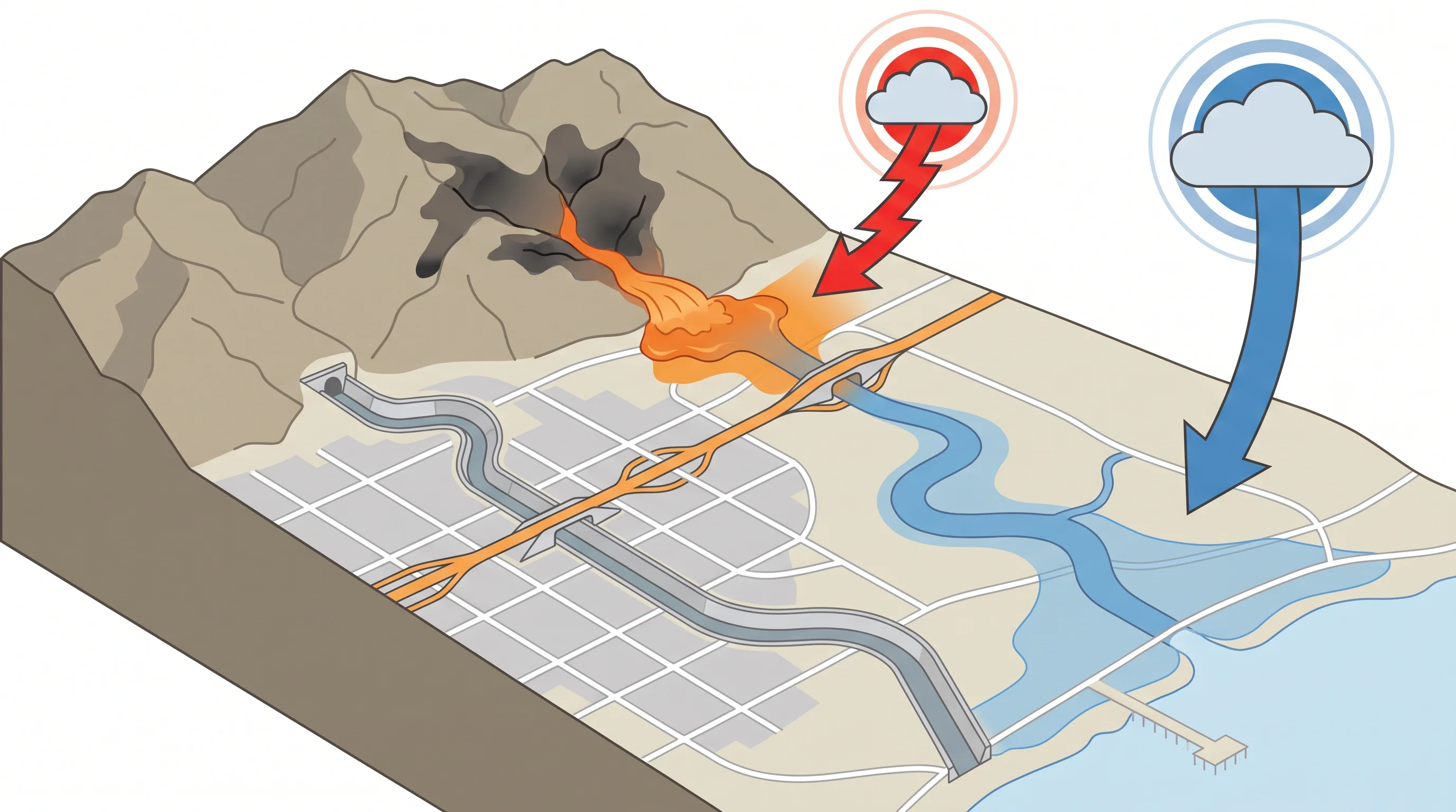 An LA hazard map matching concrete flood control channels, freeway underpasses, wildfire burn scars, the Los Angeles River, and coastal lowlands to the NWS alert most likely to cover each location