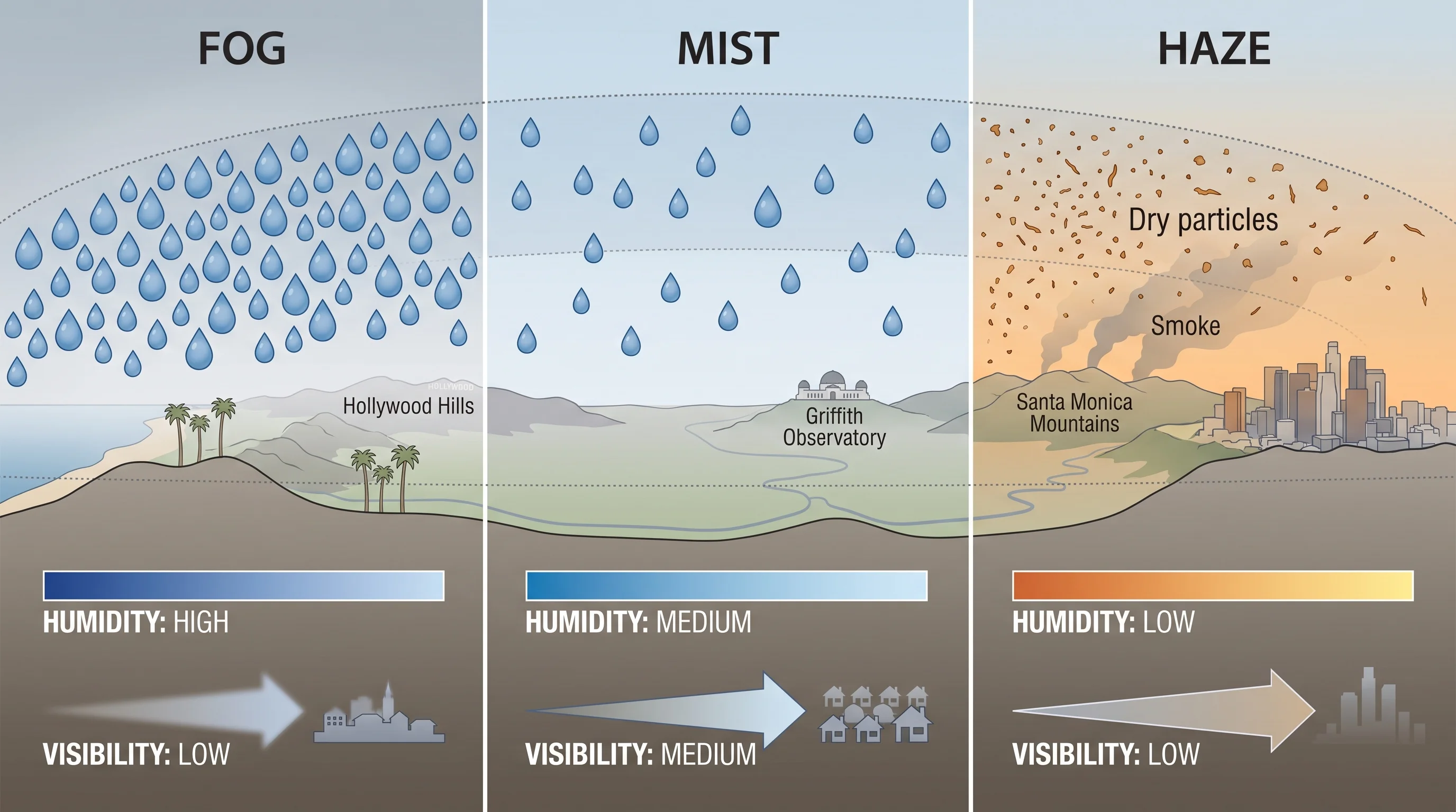 A particle-scale comparison illustration showing large, closely packed water droplets that make up fog, the same droplets more sparsely spaced to form mist, and fine dry pollution and smoke particles that make up haze, each paired with a labeled humidity range and visibility distance