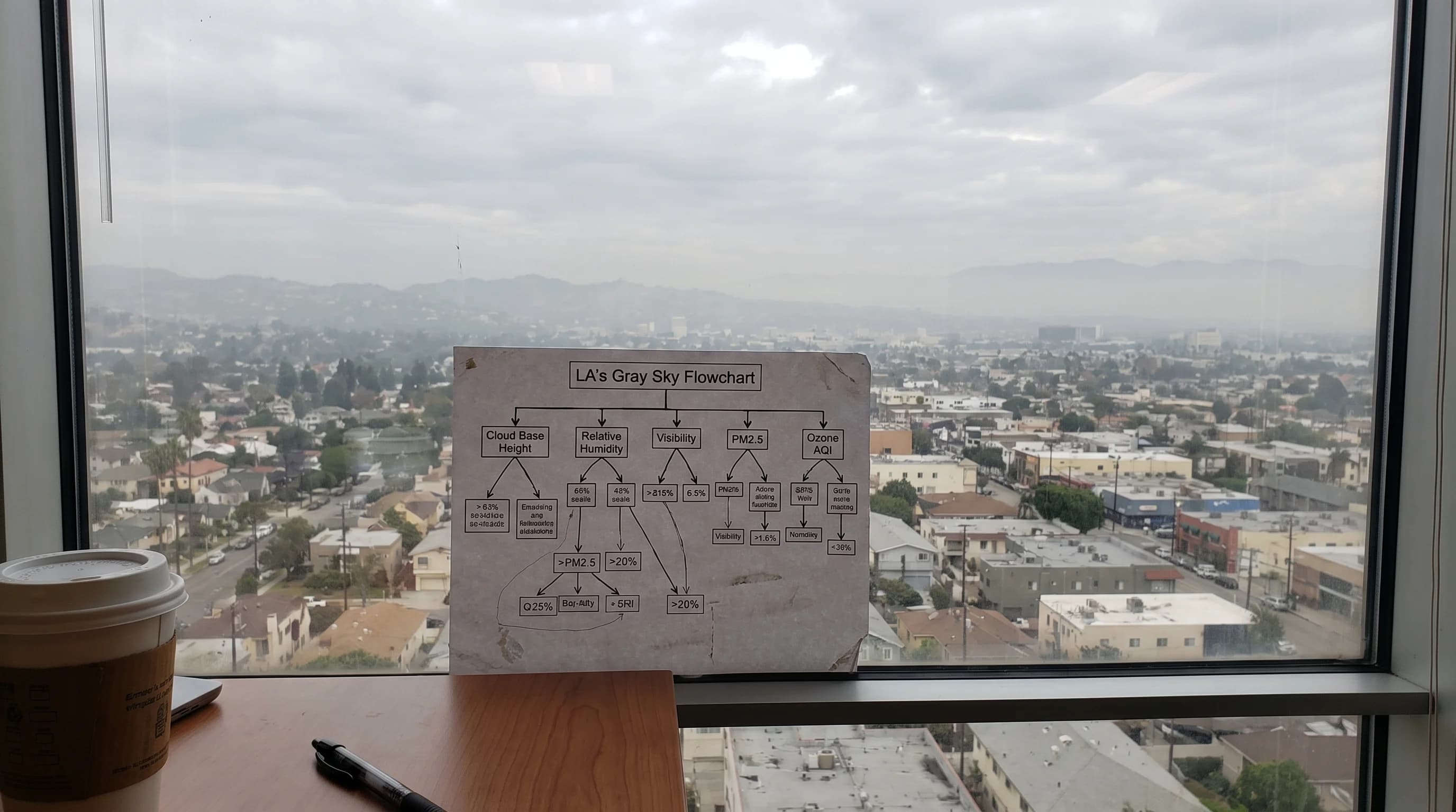 A diagnostic flowchart that walks through cloud base height, relative humidity, horizontal visibility distance, PM2.5 level, ozone AQI reading, satellite smoke detection, and time of day to narrow down whether gray Los Angeles sky is fog, mist, haze, or smoke