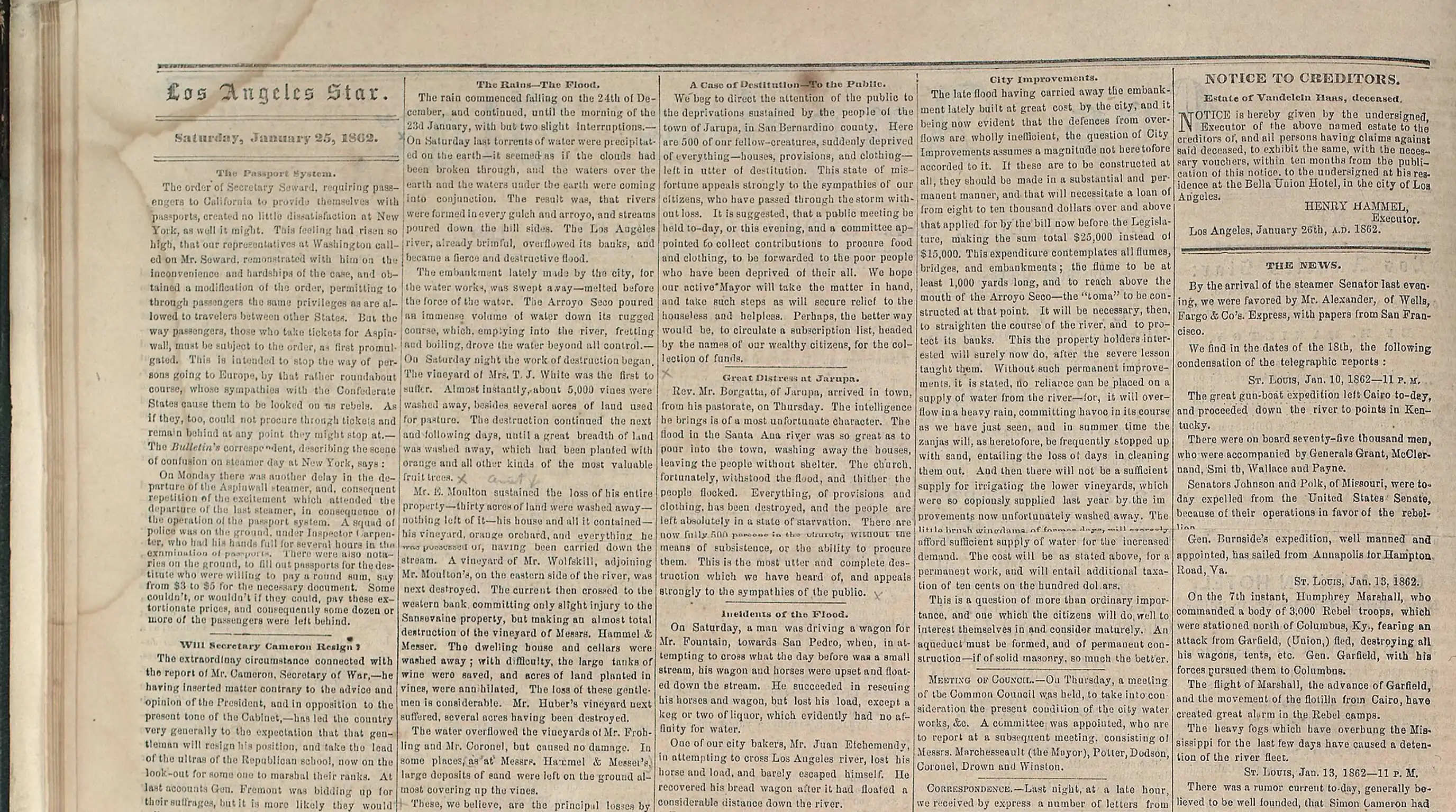 Page of the Los Angeles Star from January 25, 1862, with columns headed The Rains, The Flood and A Case of Destitution