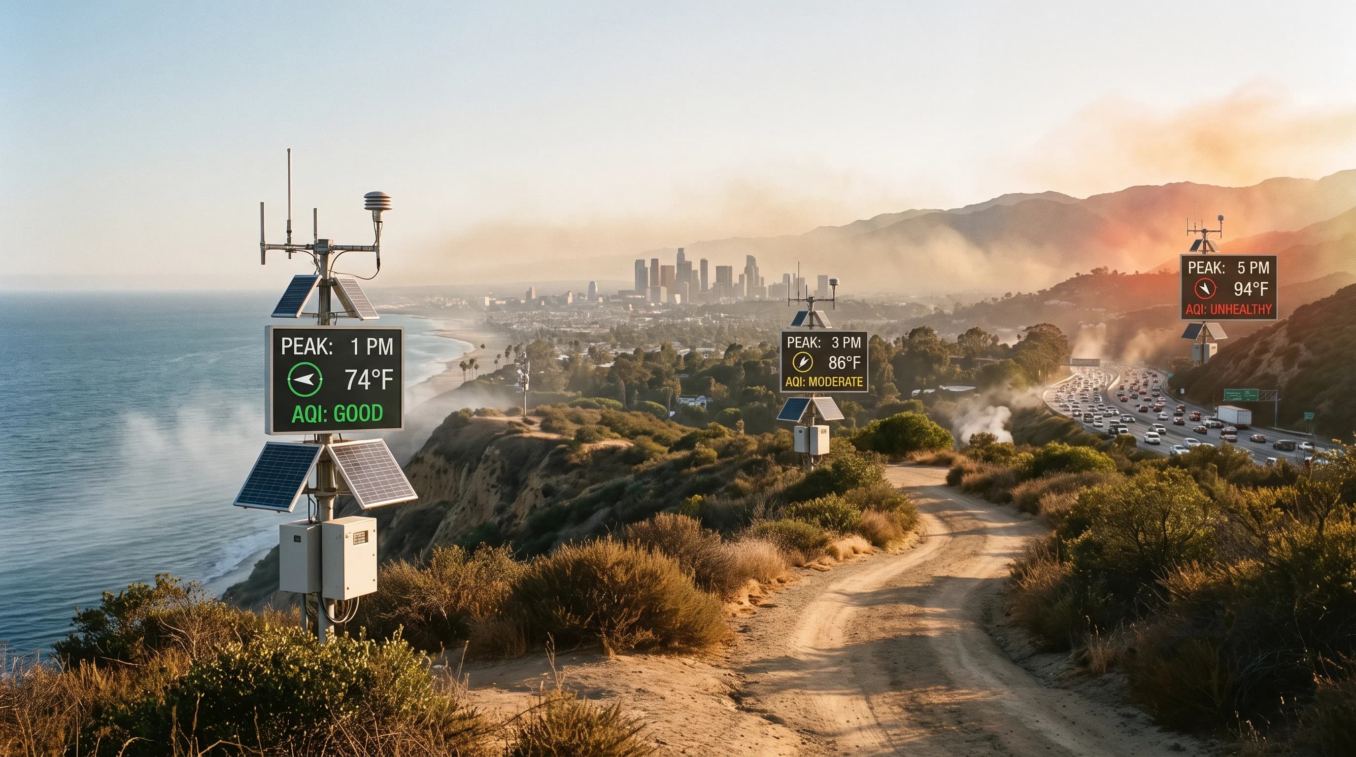 Coast-to-inland profile showing ozone monitor locations from the Pacific shoreline to the Inland Empire, each paired with its typical hour of peak concentration, afternoon temperature, prevailing wind direction, and AQI category
