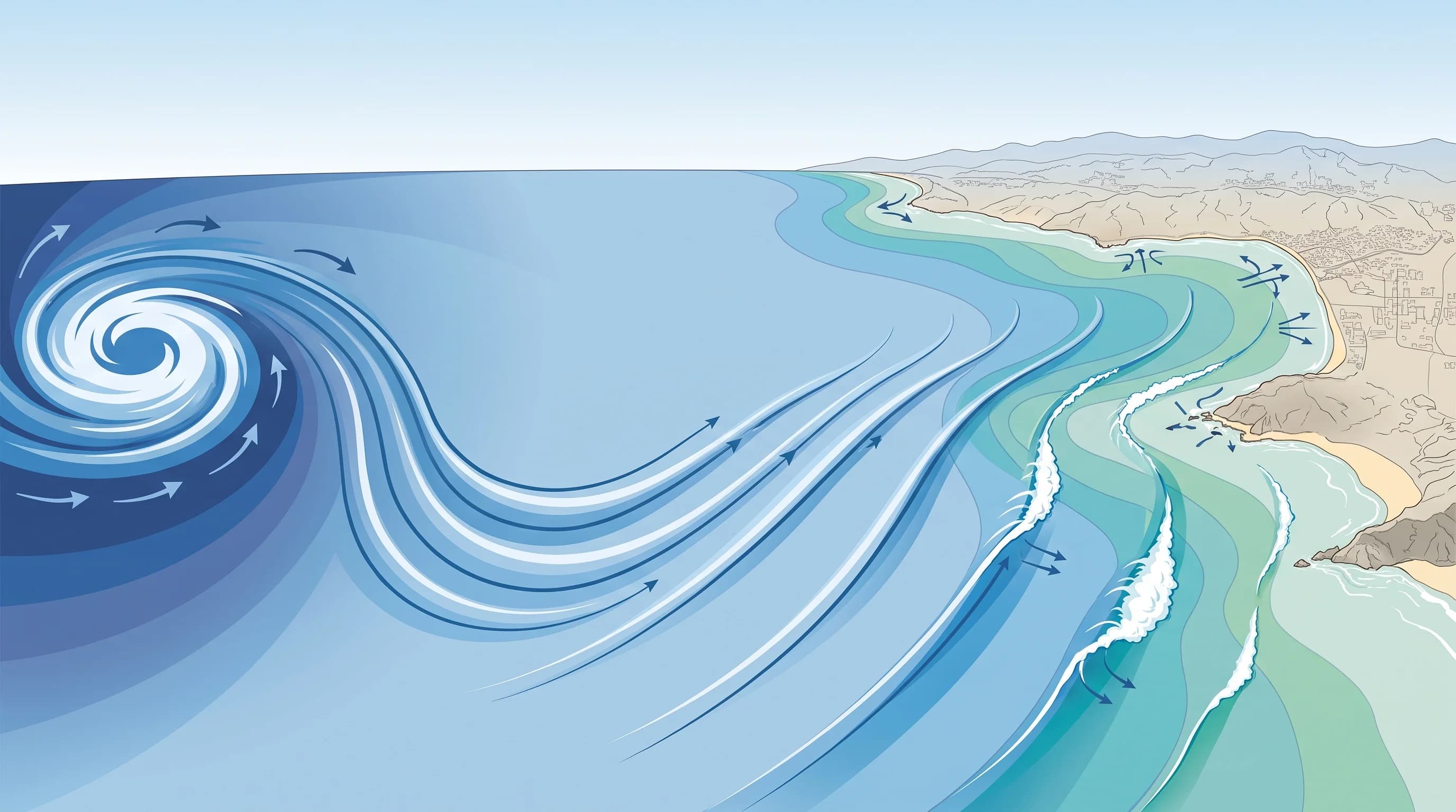 A Pacific swell-travel diagram showing a distant storm's wind field generating organized swell that travels thousands of miles, then shoals, refracts, and breaks as high surf along Los Angeles County beaches