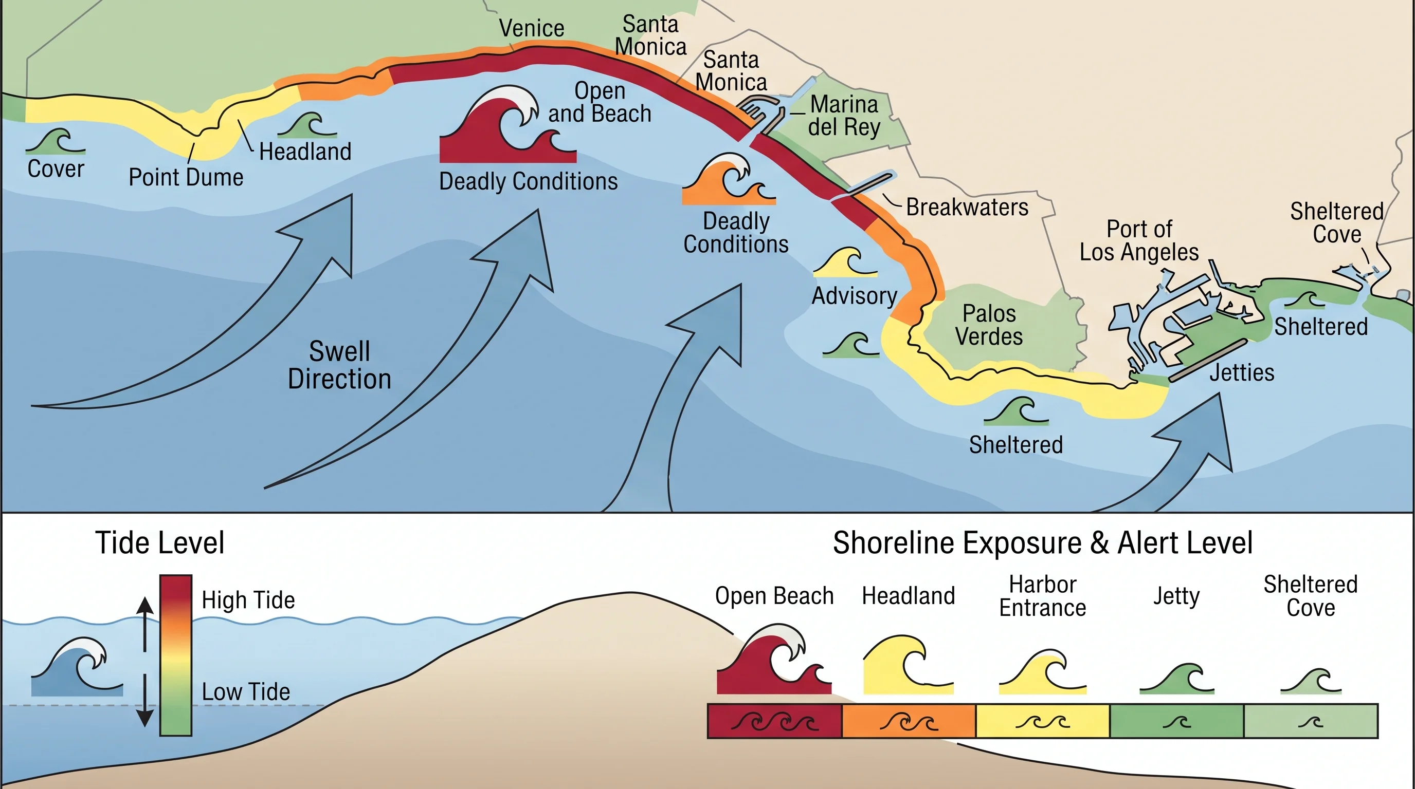 A shoreline-exposure map comparing open Los Angeles County beaches, headlands, harbor entrances, jetties, and sheltered coves by swell direction, tide level, and current alert level